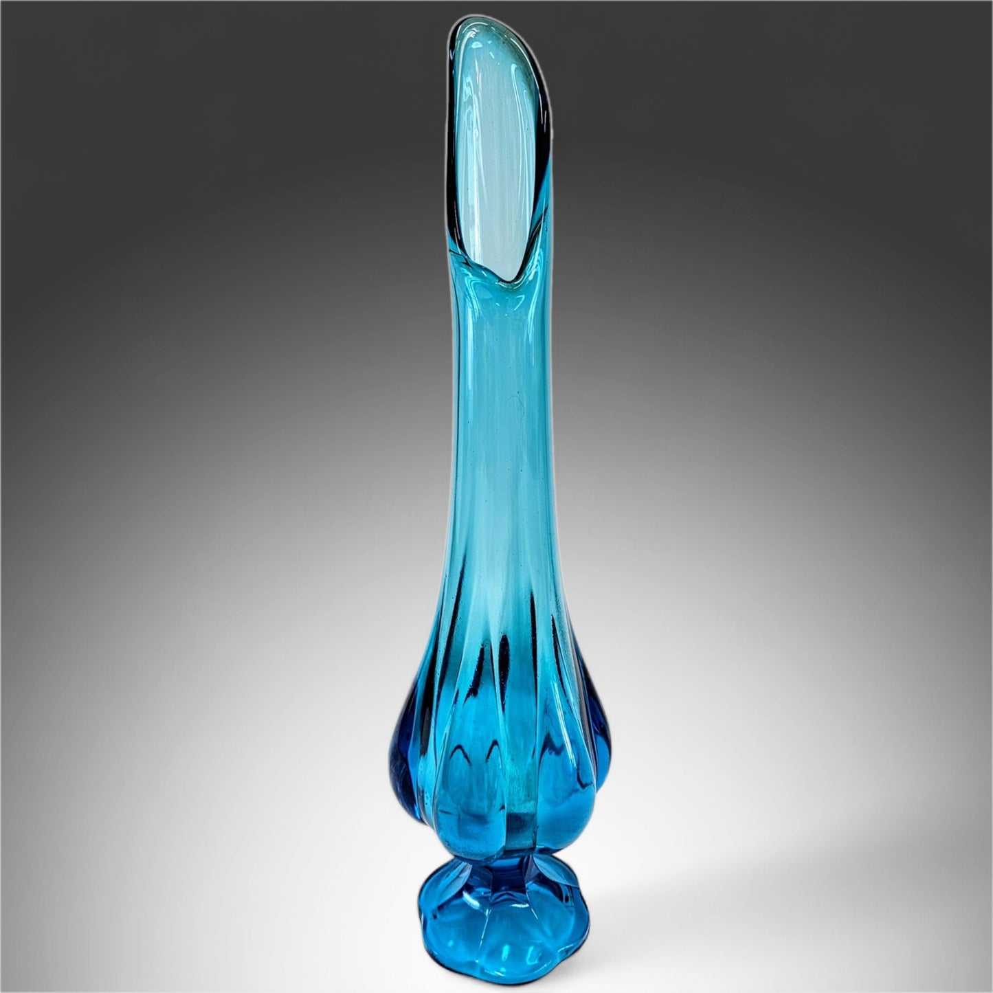 Vintage MCM LE Smith Blue 15” Six Petal Swung Vase / Stretch Vase / Art Glass