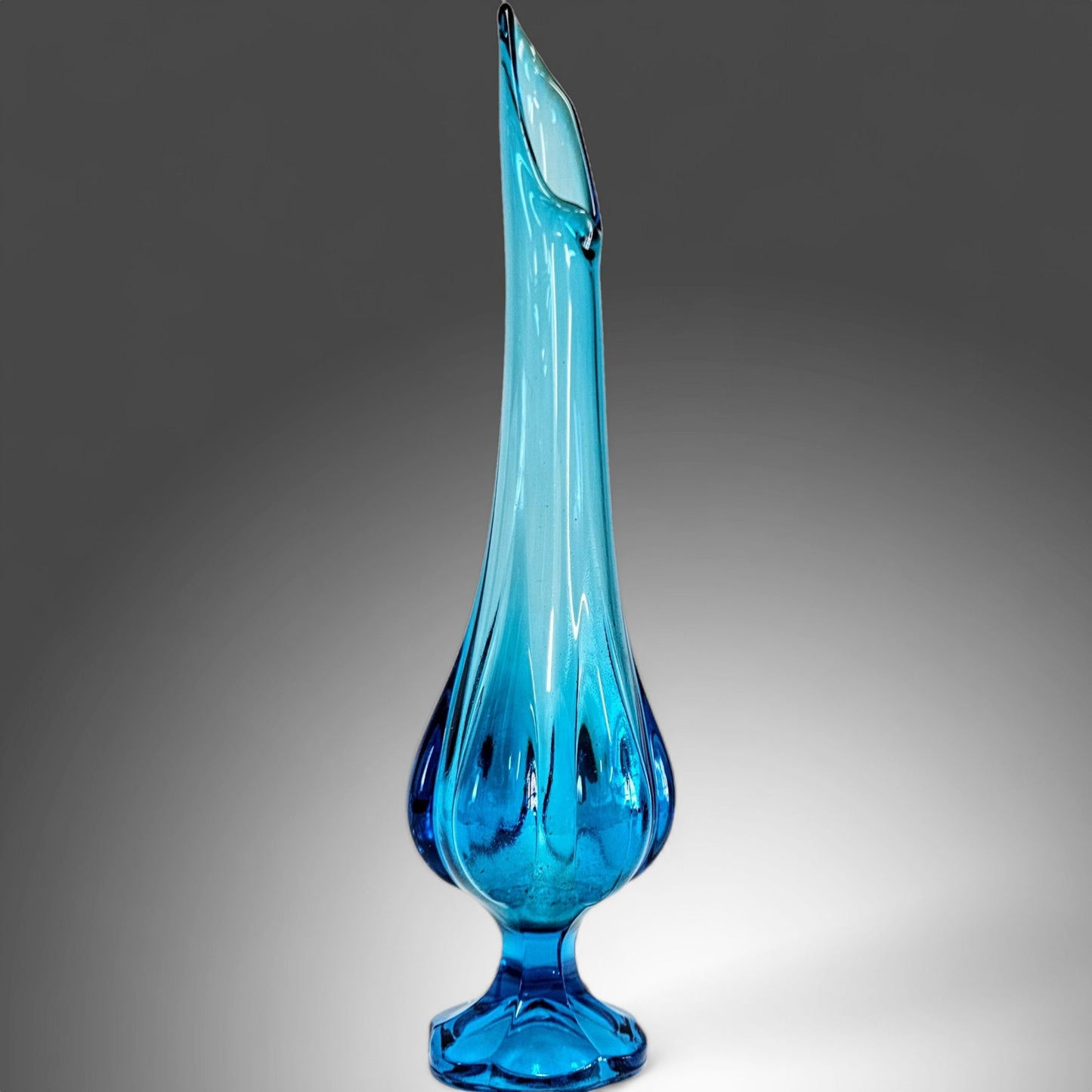 Vintage MCM LE Smith Blue 15” Six Petal Swung Vase / Stretch Vase / Art Glass
