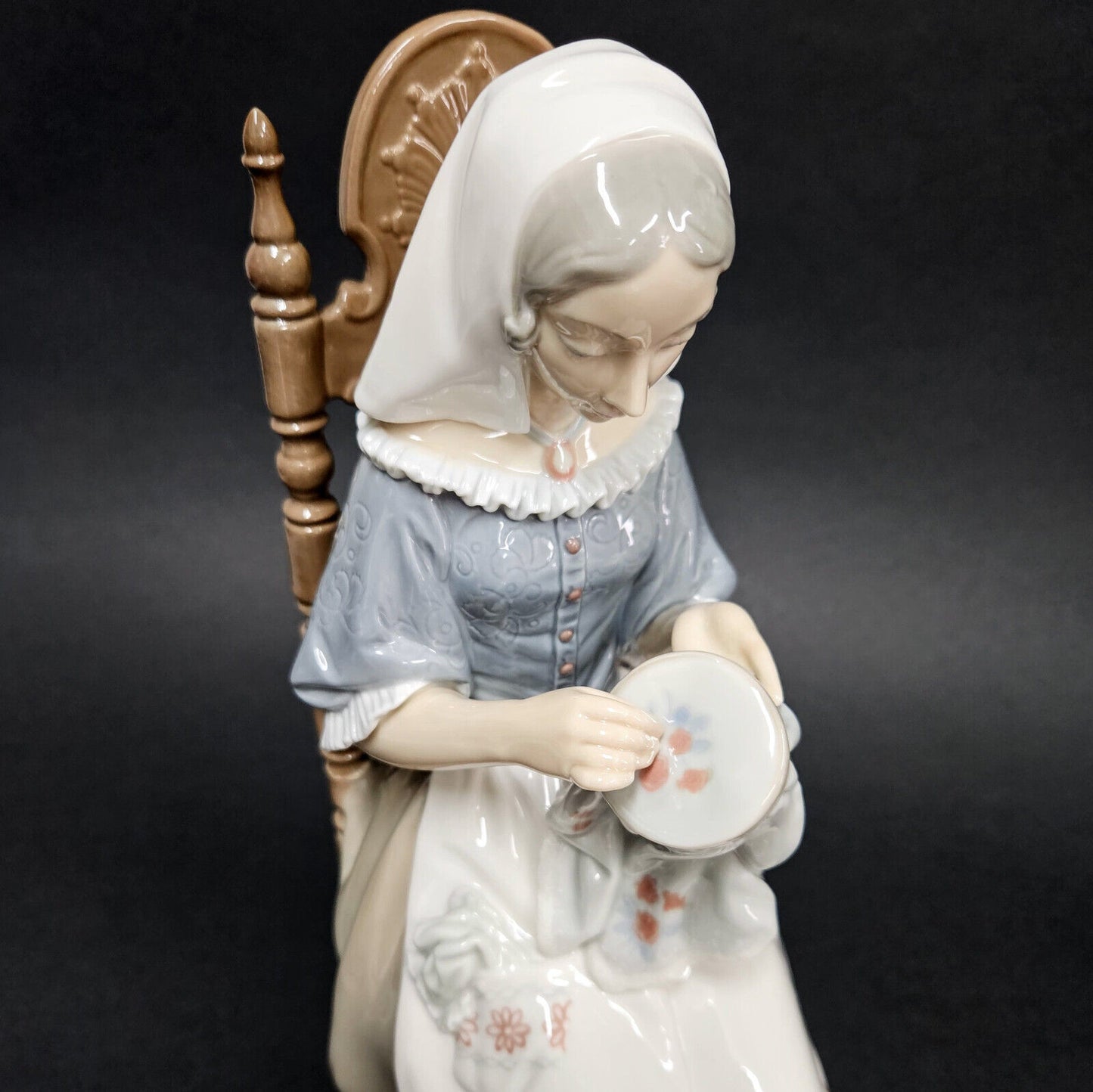 Lladro #4865 Lady Sewing Embroidering in Chair | Large Figurine Retired MINT