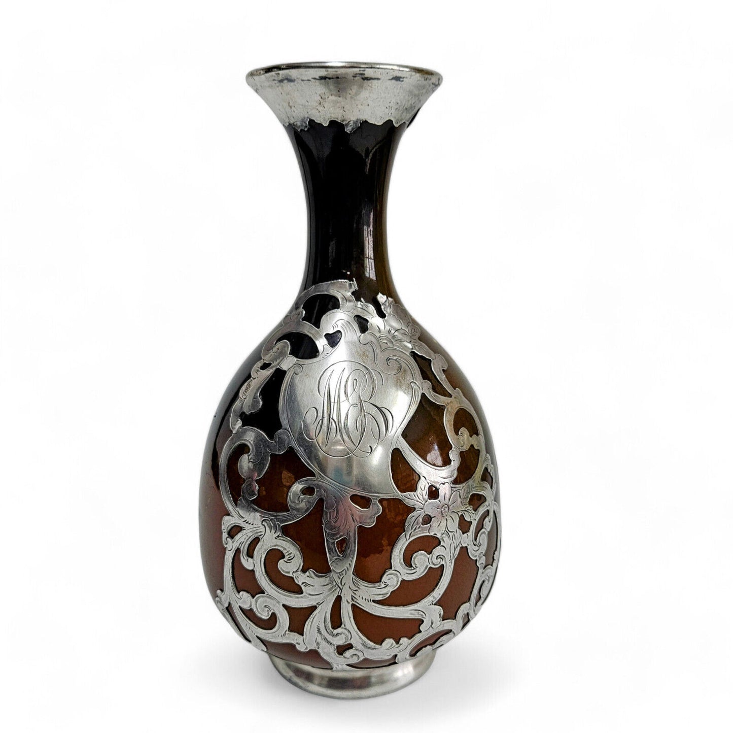 Rookwood Pottery & Gorham Fine Silver Overlay Monogram Vase Late 18th Century