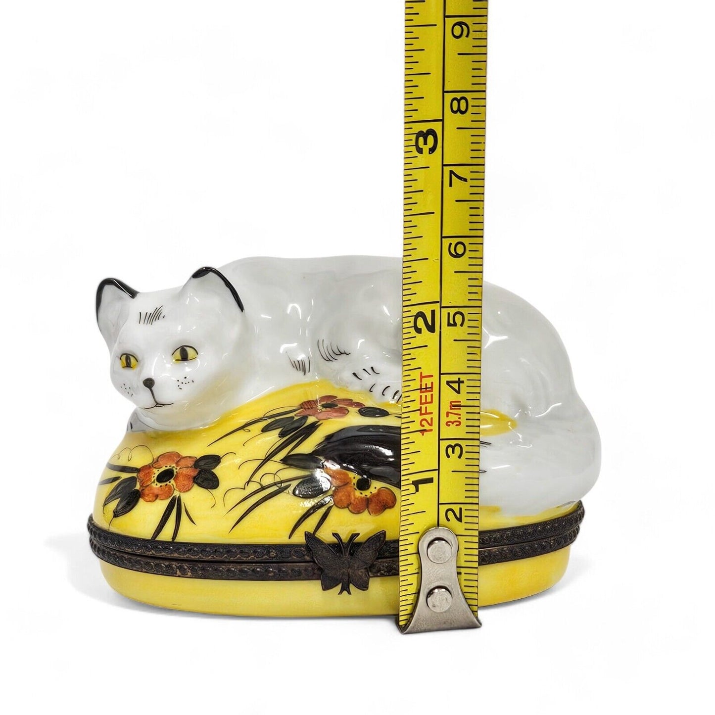 Limoges France Peint Main White Cat on Yellow Trinket Box Signed
