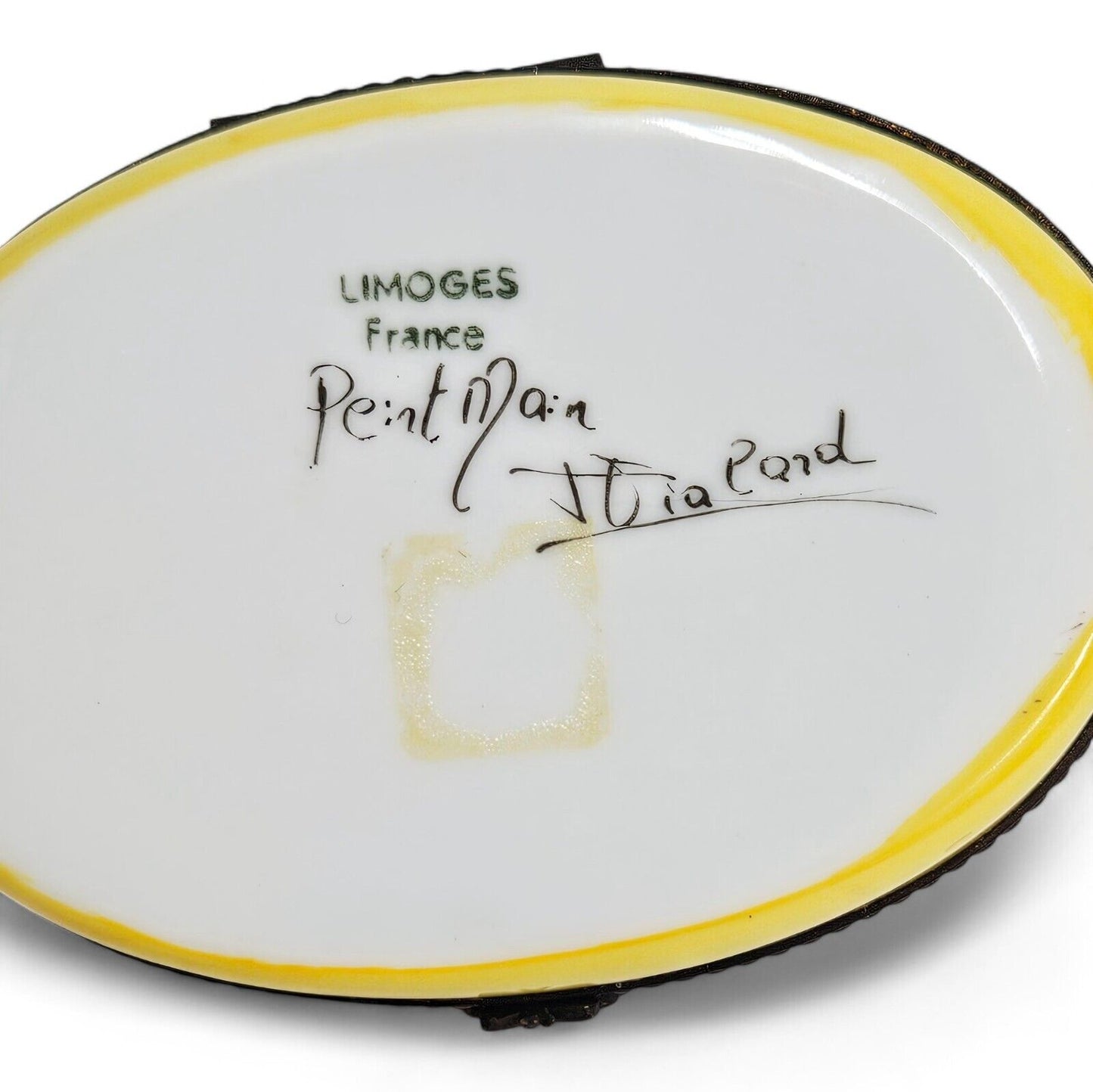 Limoges France Peint Main White Cat on Yellow Trinket Box Signed