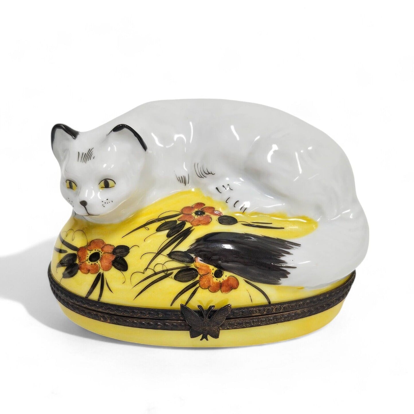 Limoges France Peint Main White Cat on Yellow Trinket Box Signed