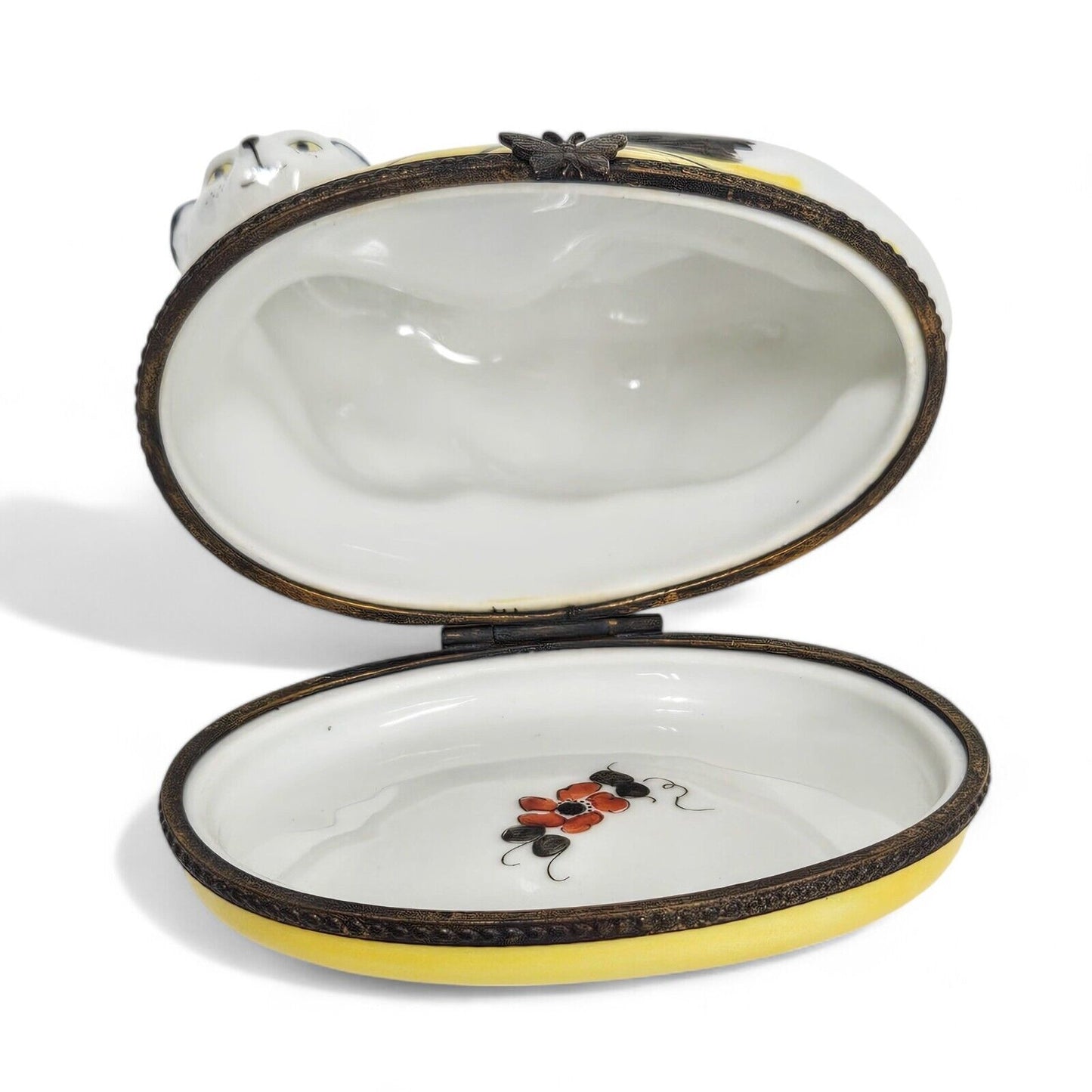 Limoges France Peint Main White Cat on Yellow Trinket Box Signed