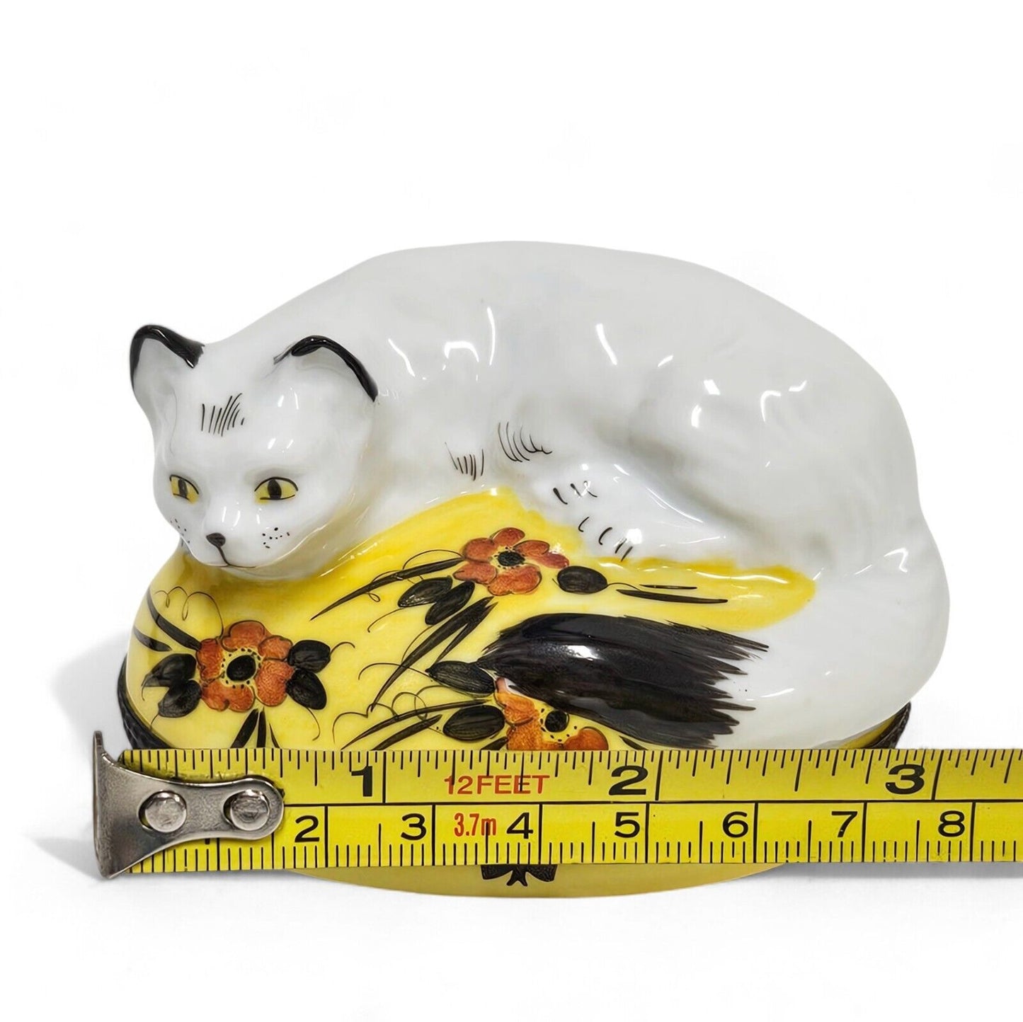 Limoges France Peint Main White Cat on Yellow Trinket Box Signed