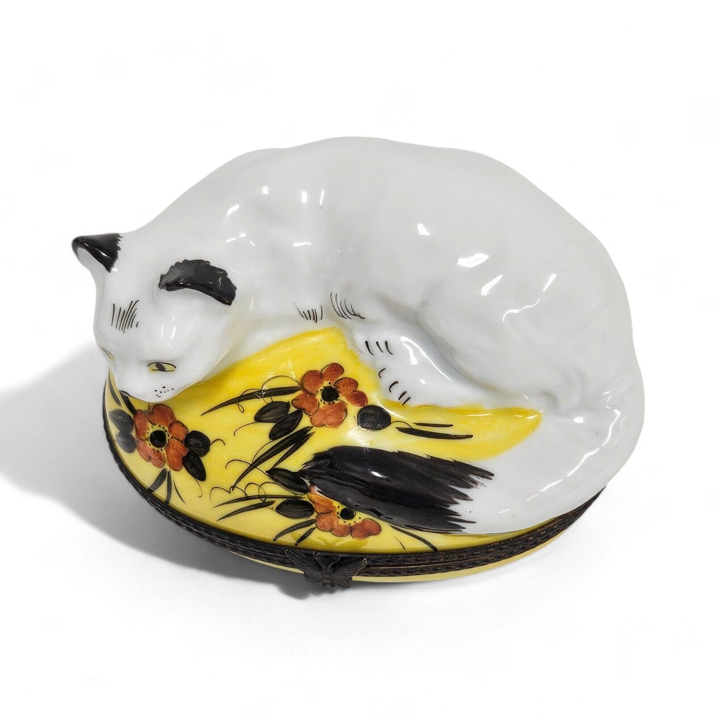 Limoges France Peint Main White Cat on Yellow Trinket Box Signed