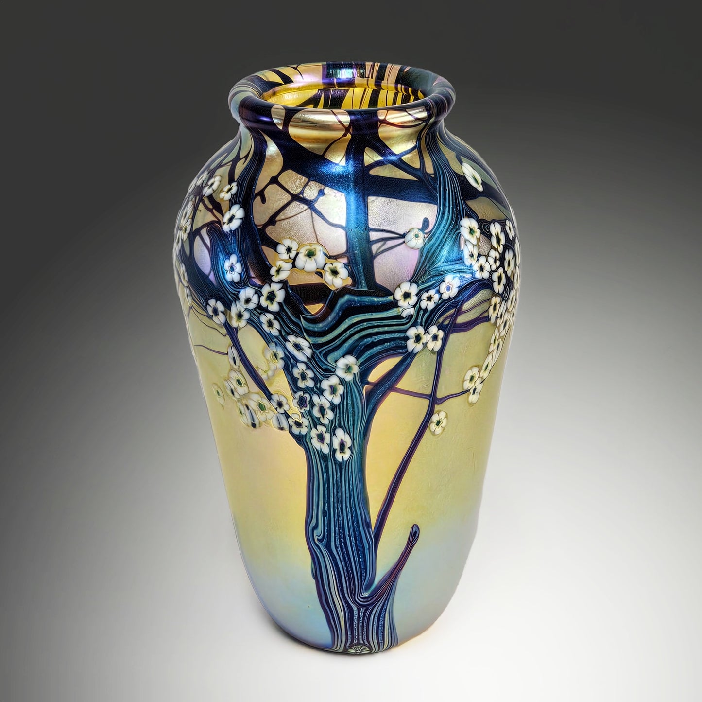 Orient & Flume Hawthorne Vase | Gold Iridescent w/Blue Cane Blossom Signed 1983