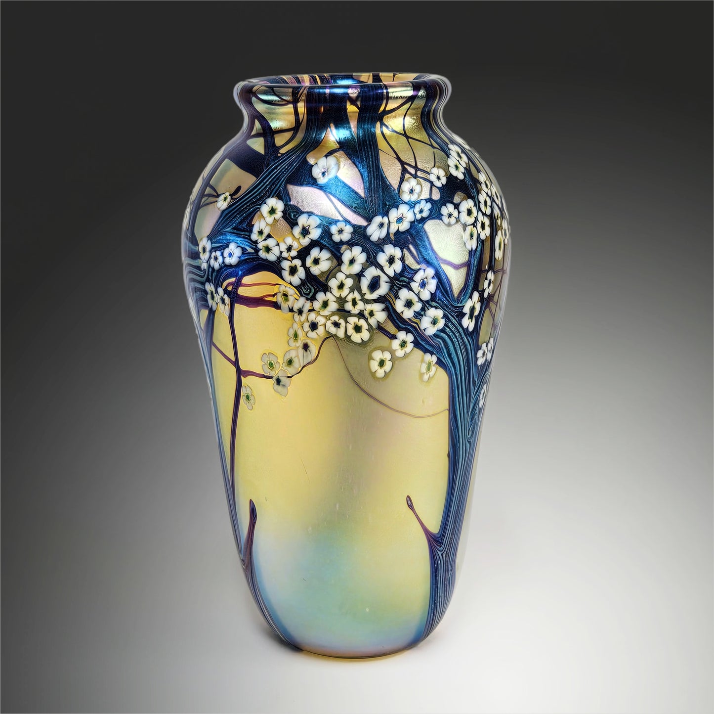 Orient & Flume Hawthorne Vase | Gold Iridescent w/Blue Cane Blossom Signed 1983