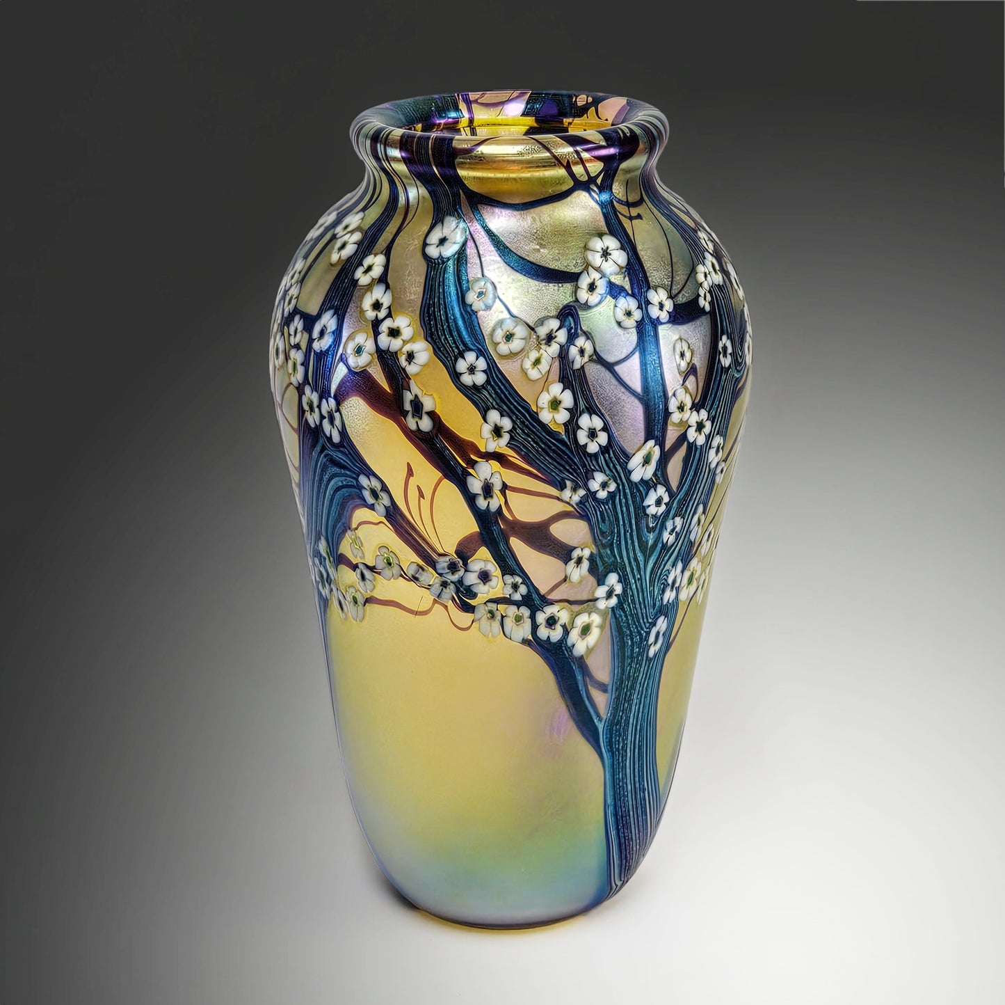 Orient & Flume Hawthorne Vase | Gold Iridescent w/Blue Cane Blossom Signed 1983