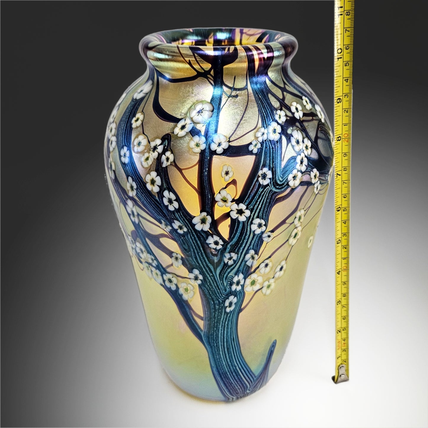 Orient & Flume Hawthorne Vase | Gold Iridescent w/Blue Cane Blossom Signed 1983