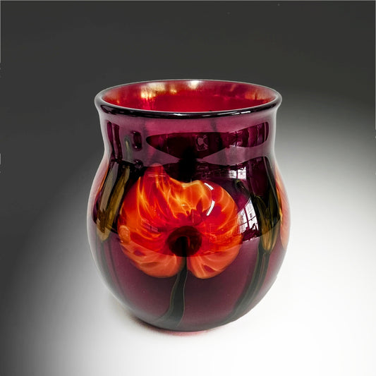 Charles Lotton Glass Art Vase in Red Floral 1978