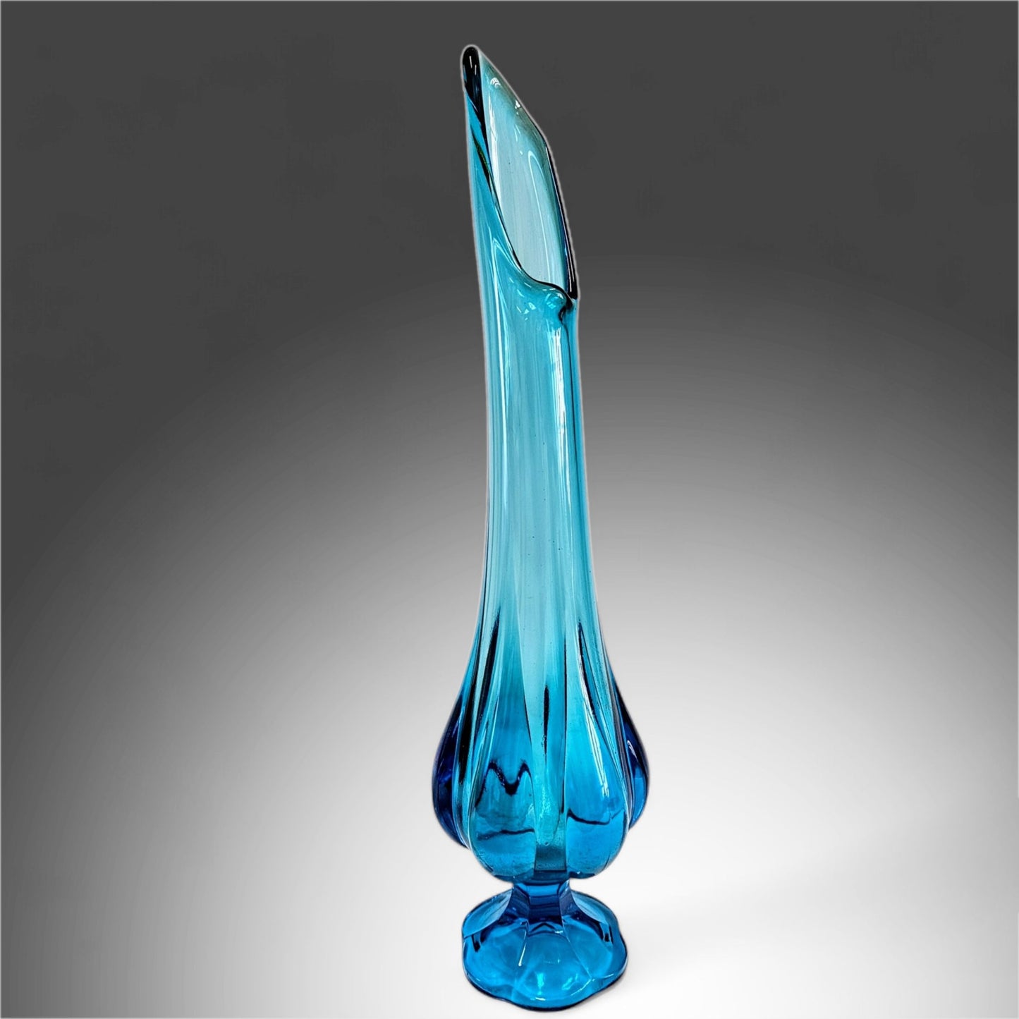 Vintage MCM LE Smith Blue 15” Six Petal Swung Vase / Stretch Vase / Art Glass