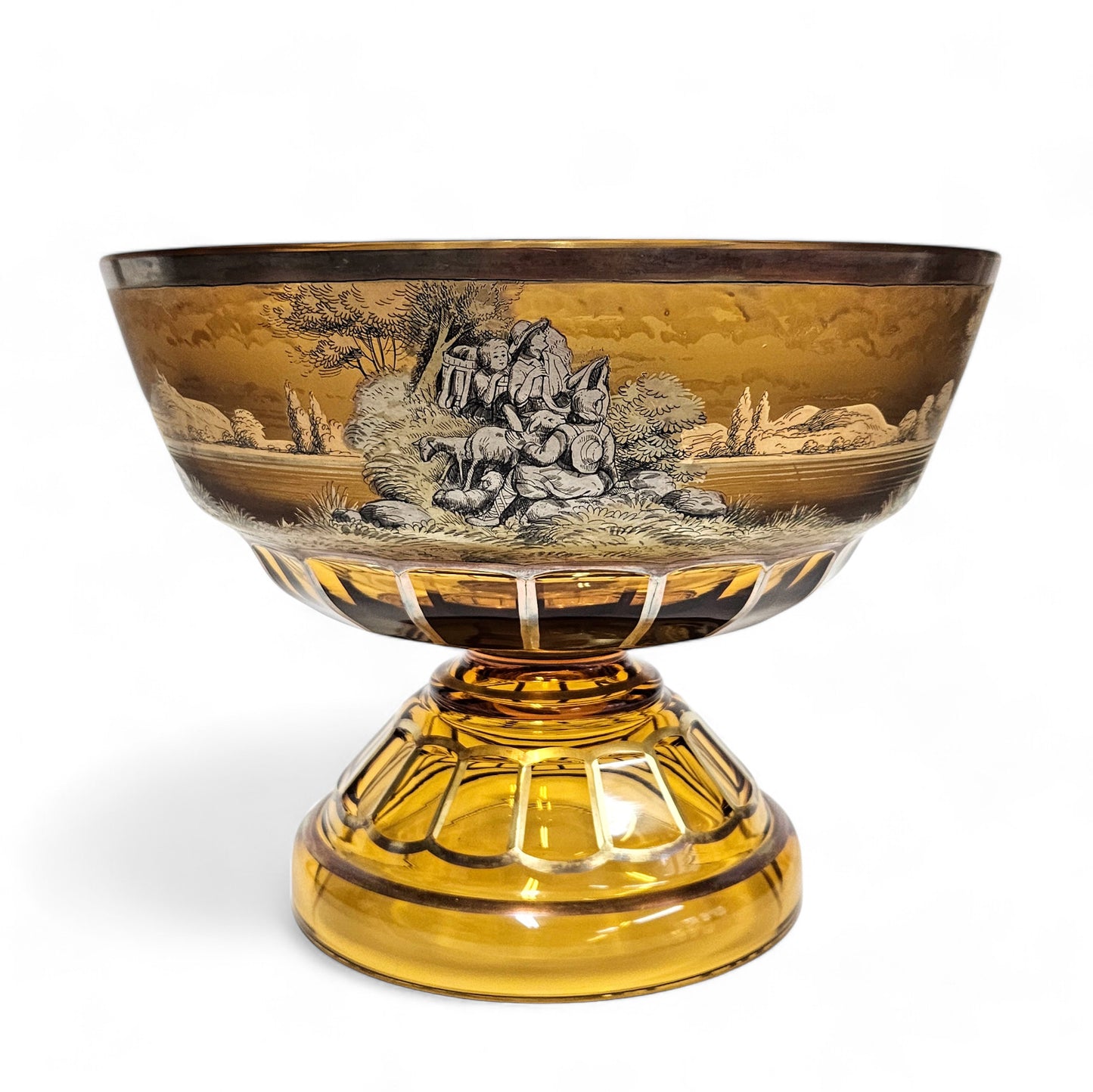 Antique Moser Amber Glass Pastoral Centerpiece Bowl with Gold Gilding