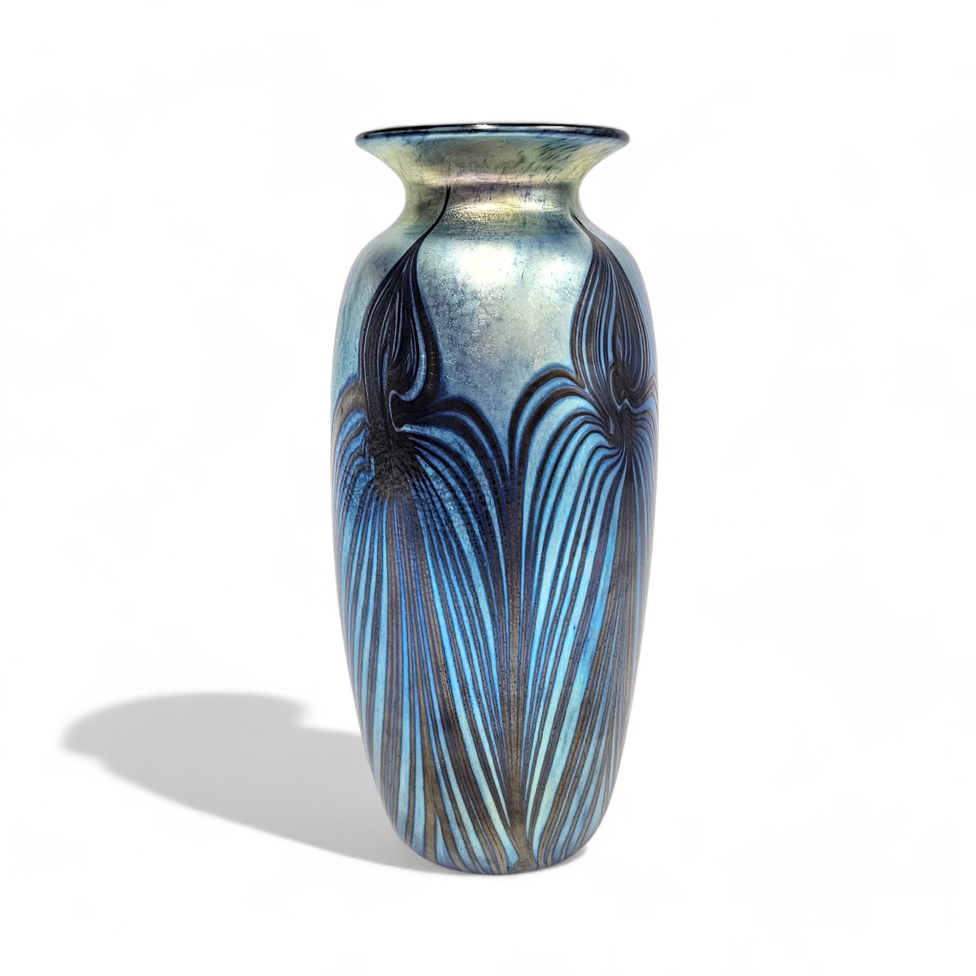 Saul Alcaraz Glass Vase Blue Luster Red Pulled Feather Design -Signed Dated