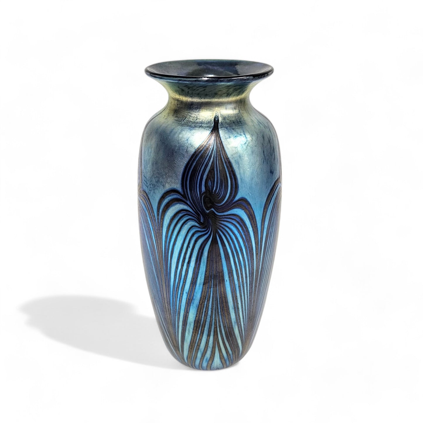 Saul Alcaraz Glass Vase Blue Luster Red Pulled Feather Design -Signed Dated