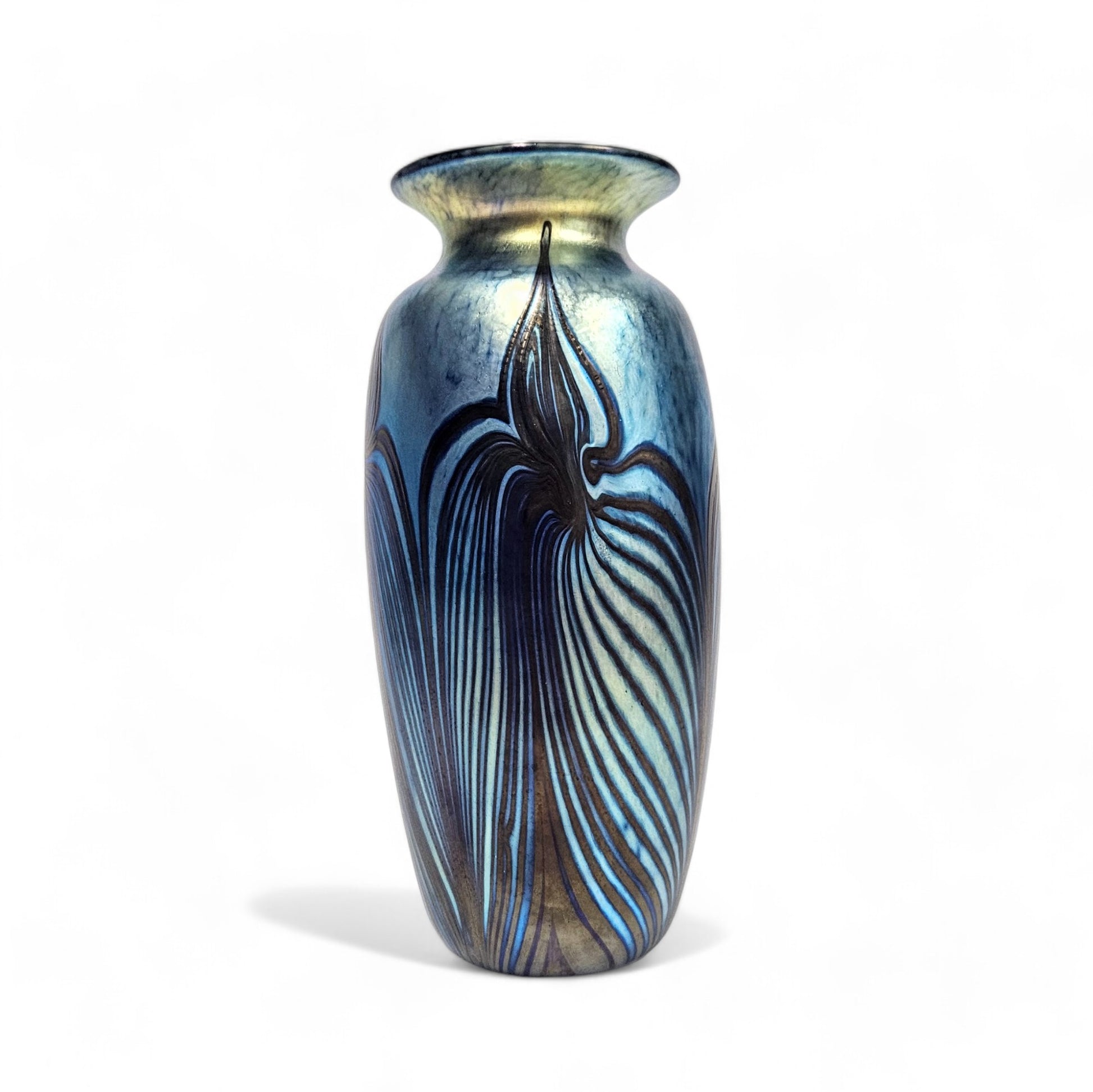 Saul Alcaraz Glass Vase Blue Luster Red Pulled Feather Design -Signed Dated