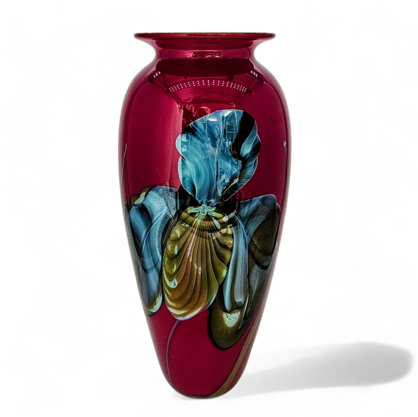 Richard Satava Handblown Art Glass Vase Blue Iris on Deep Red 11 Inch Tall 1996