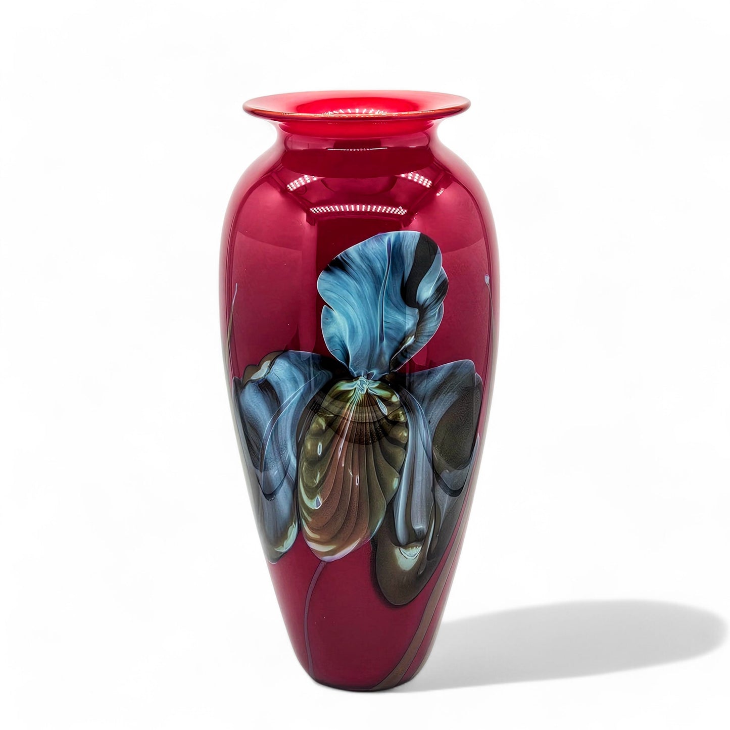 Richard Satava Handblown Art Glass Vase Blue Iris on Deep Red 11 Inch Tall 1996