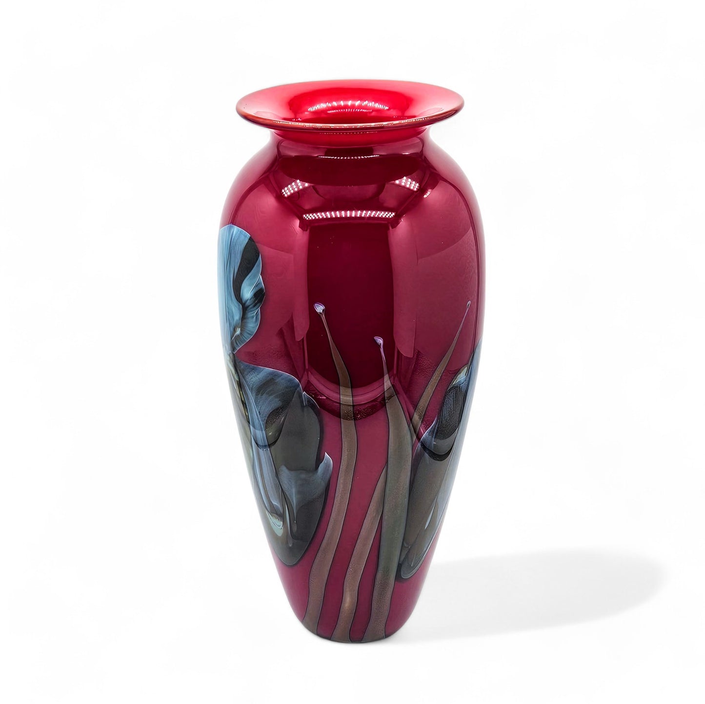 Richard Satava Handblown Art Glass Vase Blue Iris on Deep Red 11 Inch Tall 1996