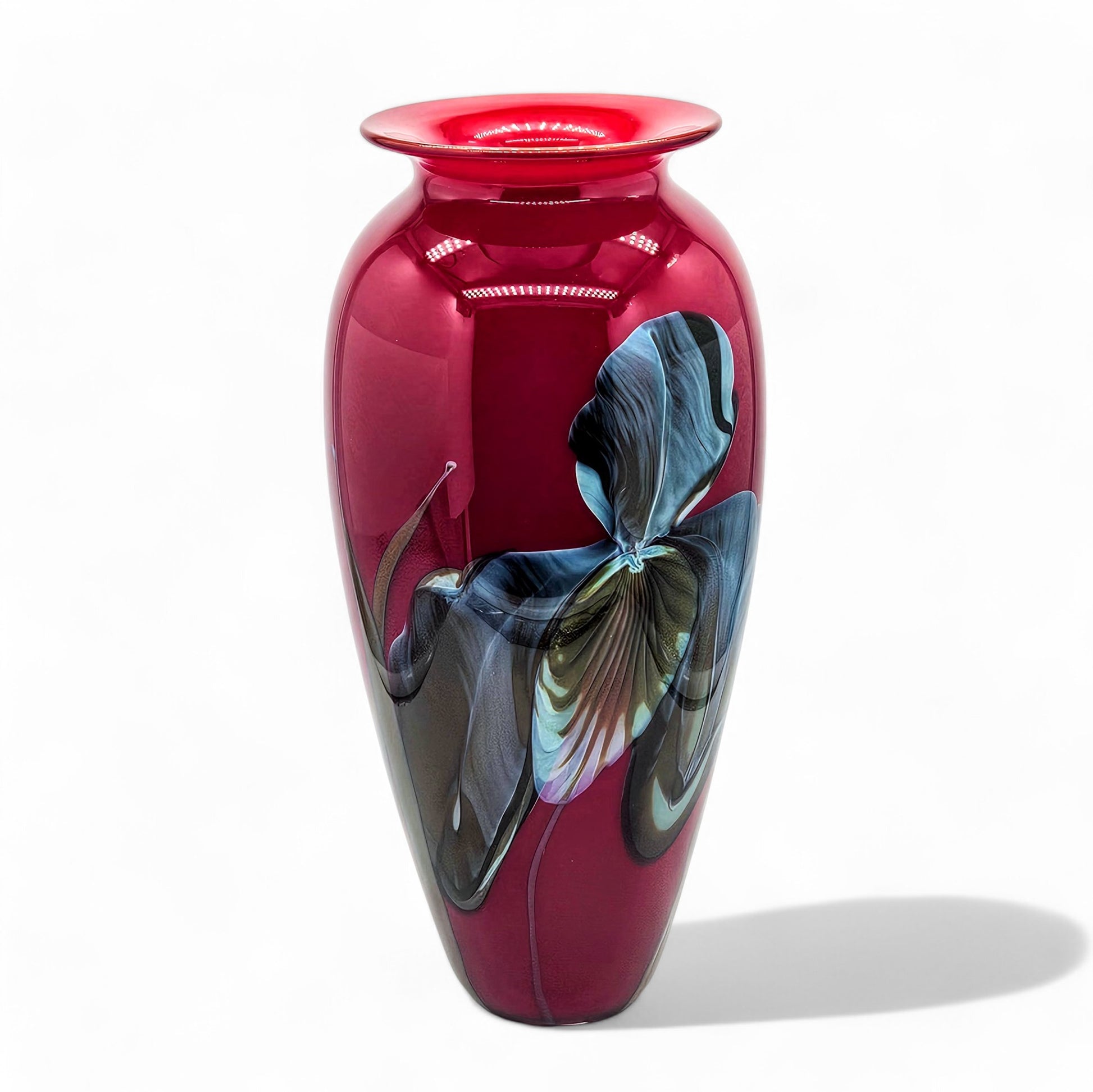 Richard Satava Handblown Art Glass Vase Blue Iris on Deep Red 11 Inch Tall 1996