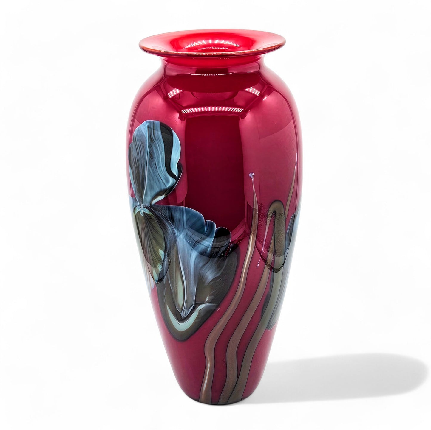 Richard Satava Handblown Art Glass Vase Blue Iris on Deep Red 11 Inch Tall 1996