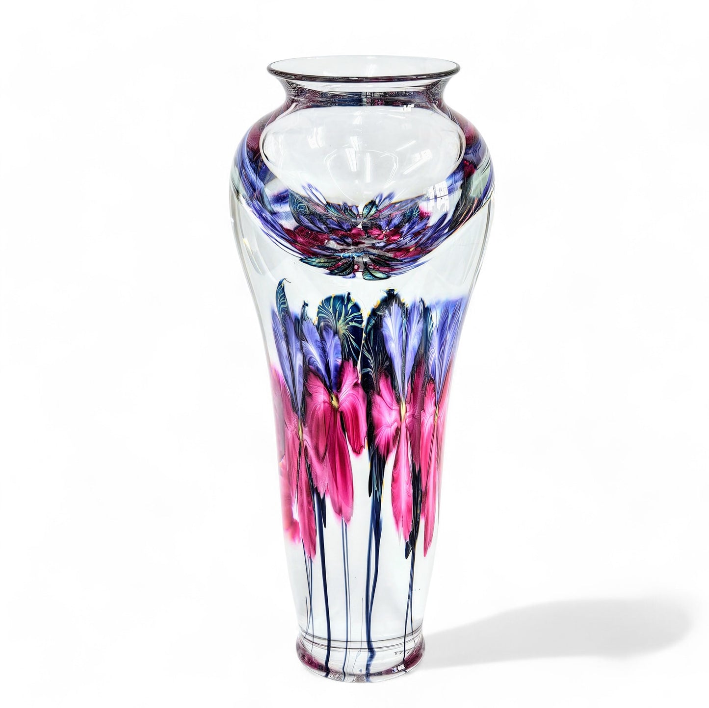 David Lotton Monumental Art Glass Vase Signed Purple Pink Floral 13.5" Tall