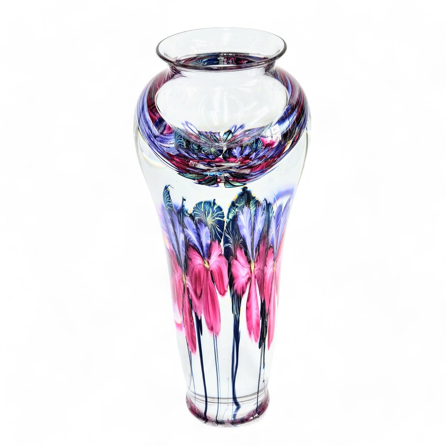 David Lotton Monumental Art Glass Vase Signed Purple Pink Floral 13.5" Tall