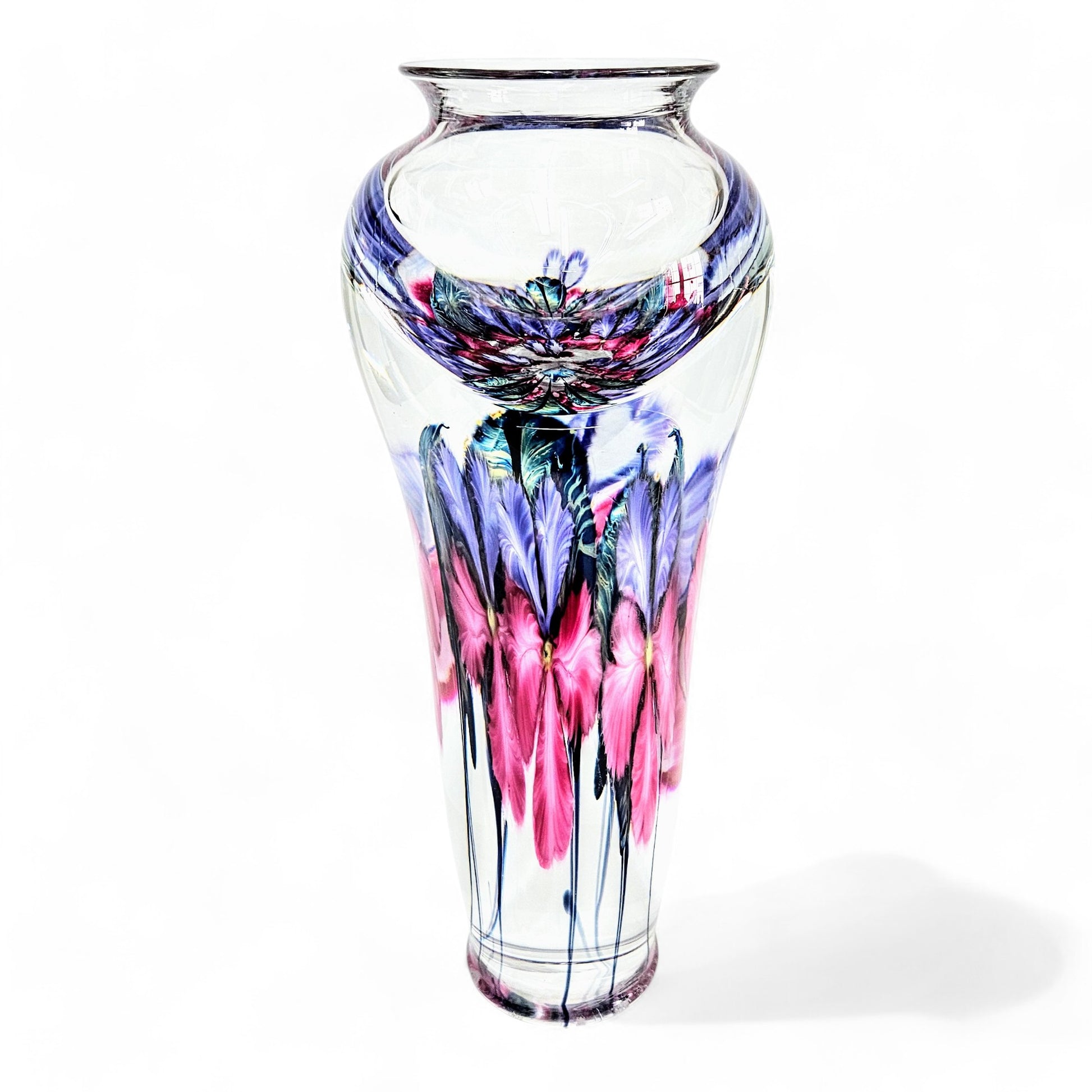 David Lotton Monumental Art Glass Vase Signed Purple Pink Floral 13.5" Tall