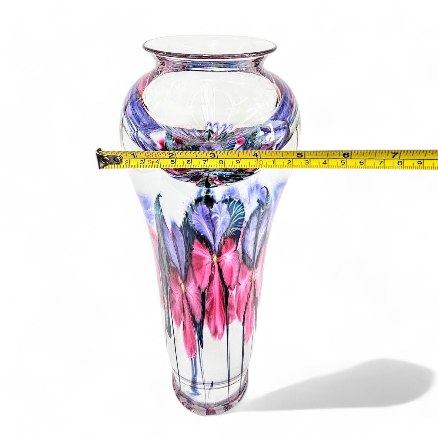 David Lotton Monumental Art Glass Vase Signed Purple Pink Floral 13.5" Tall