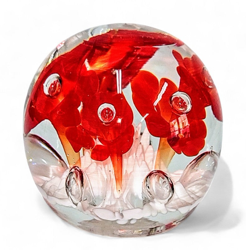 St. Clair Paperweight Art Glass Hand Blown Flowers Red and White -Stamped