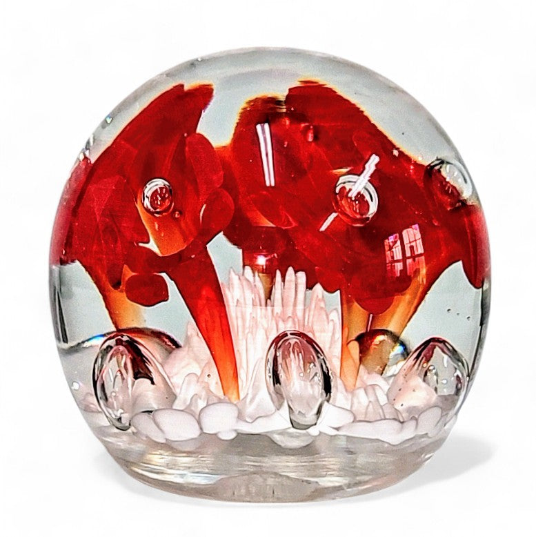 St. Clair Paperweight Art Glass Hand Blown Flowers Red and White -Stamped