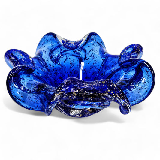 Murano Cobalt Blue Rolled Edge Bowl with Gold Flecks 8.5 Inches Original Sticker