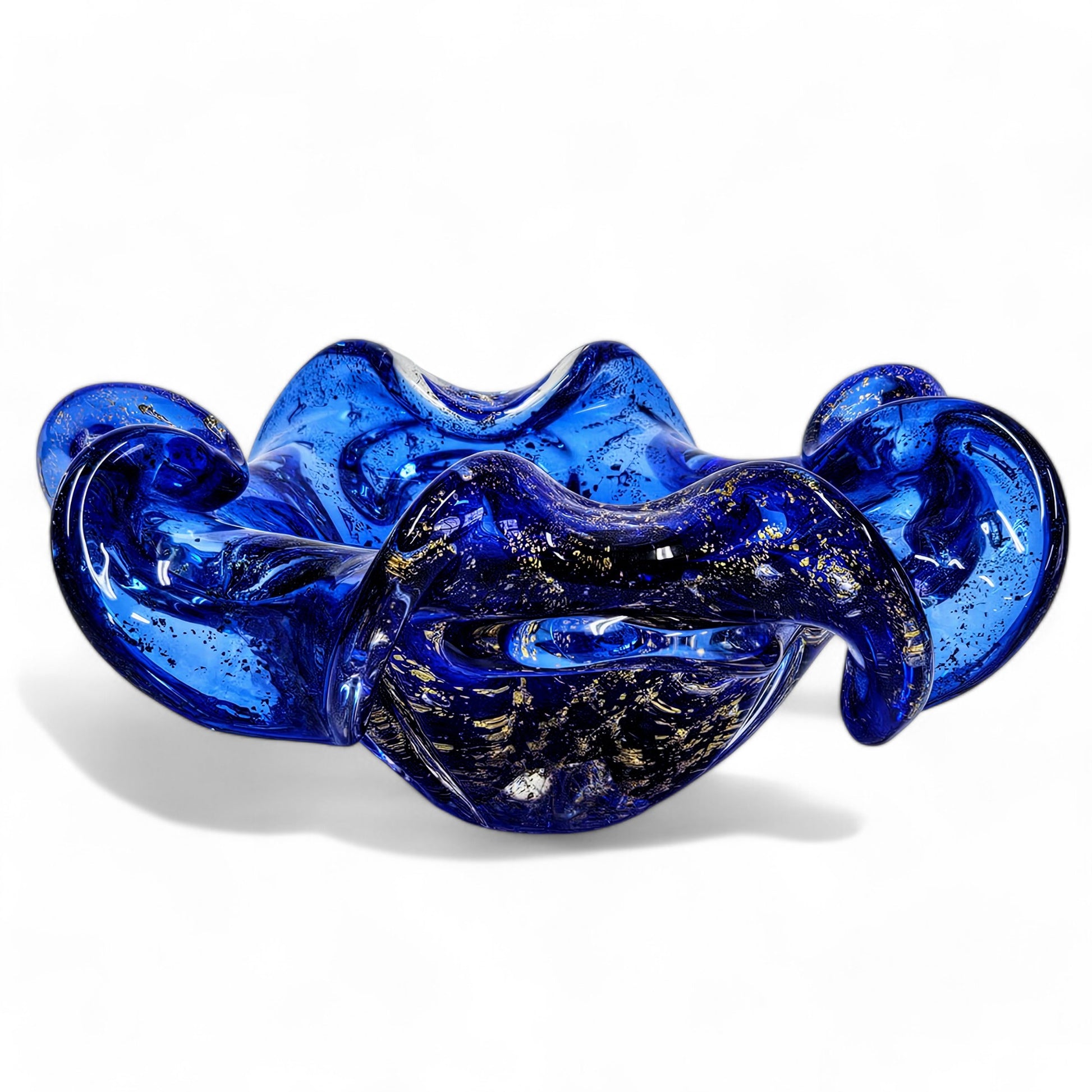 Murano Cobalt Blue Rolled Edge Bowl with Gold Flecks 8.5 Inches Original Sticker