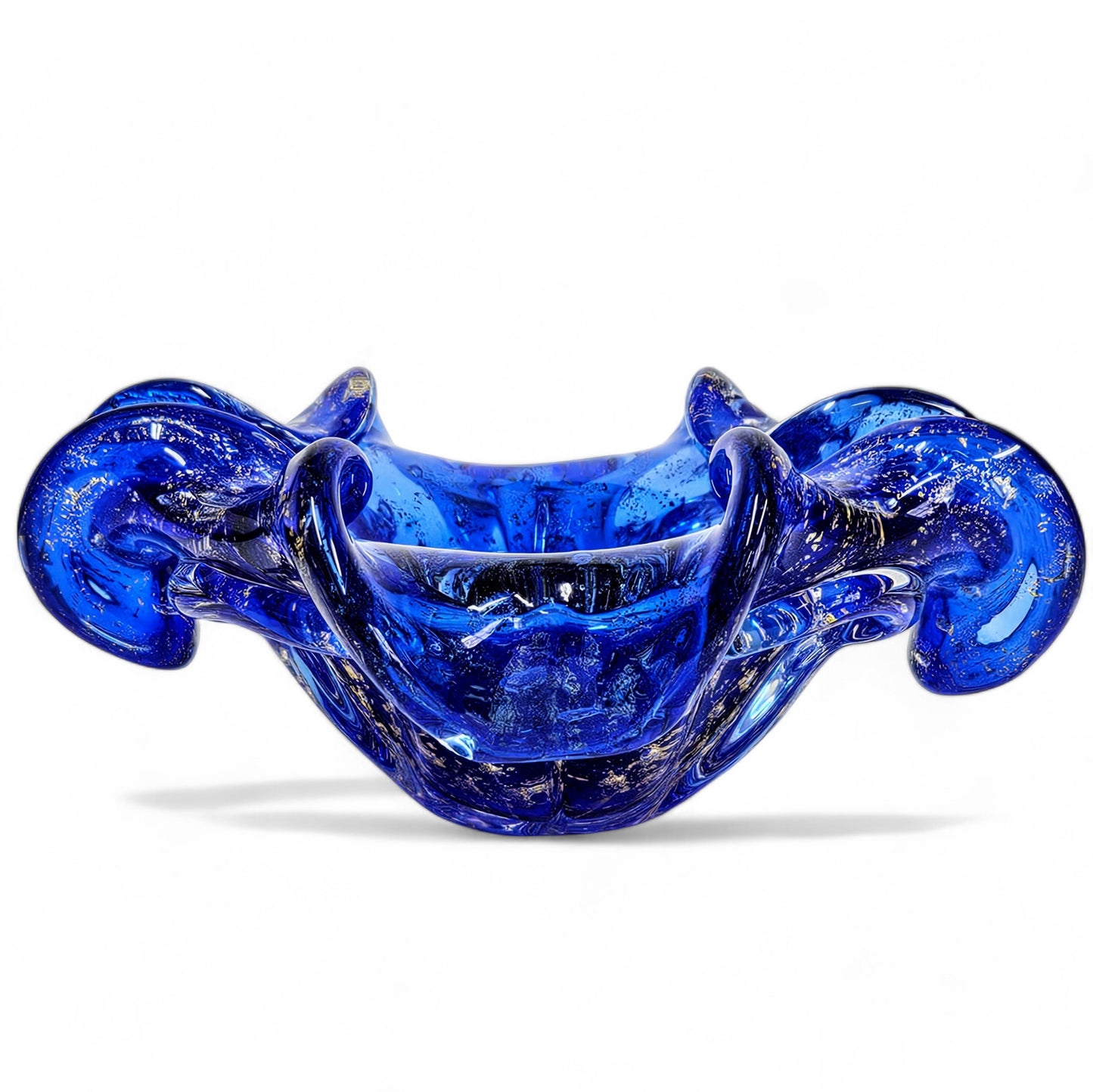 Murano Cobalt Blue Rolled Edge Bowl with Gold Flecks 8.5 Inches Original Sticker