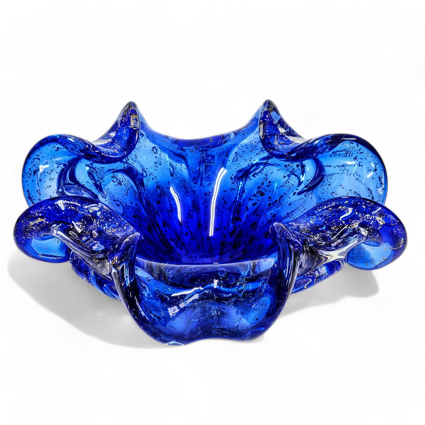 Murano Cobalt Blue Rolled Edge Bowl with Gold Flecks 8.5 Inches Original Sticker