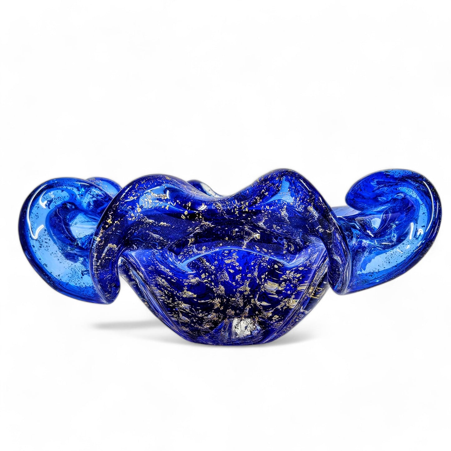 Murano Cobalt Blue Rolled Edge Bowl with Gold Flecks 8.5 Inches Original Sticker