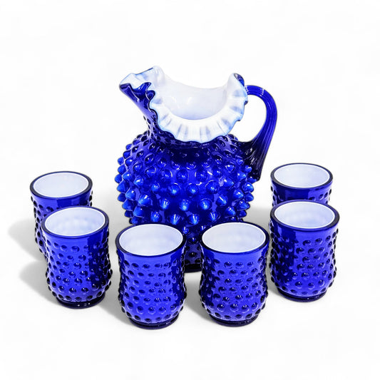 Fenton Cobalt Blue Hobnail Pitcher & 6 Cups Limited Edition Doris Lechler Series