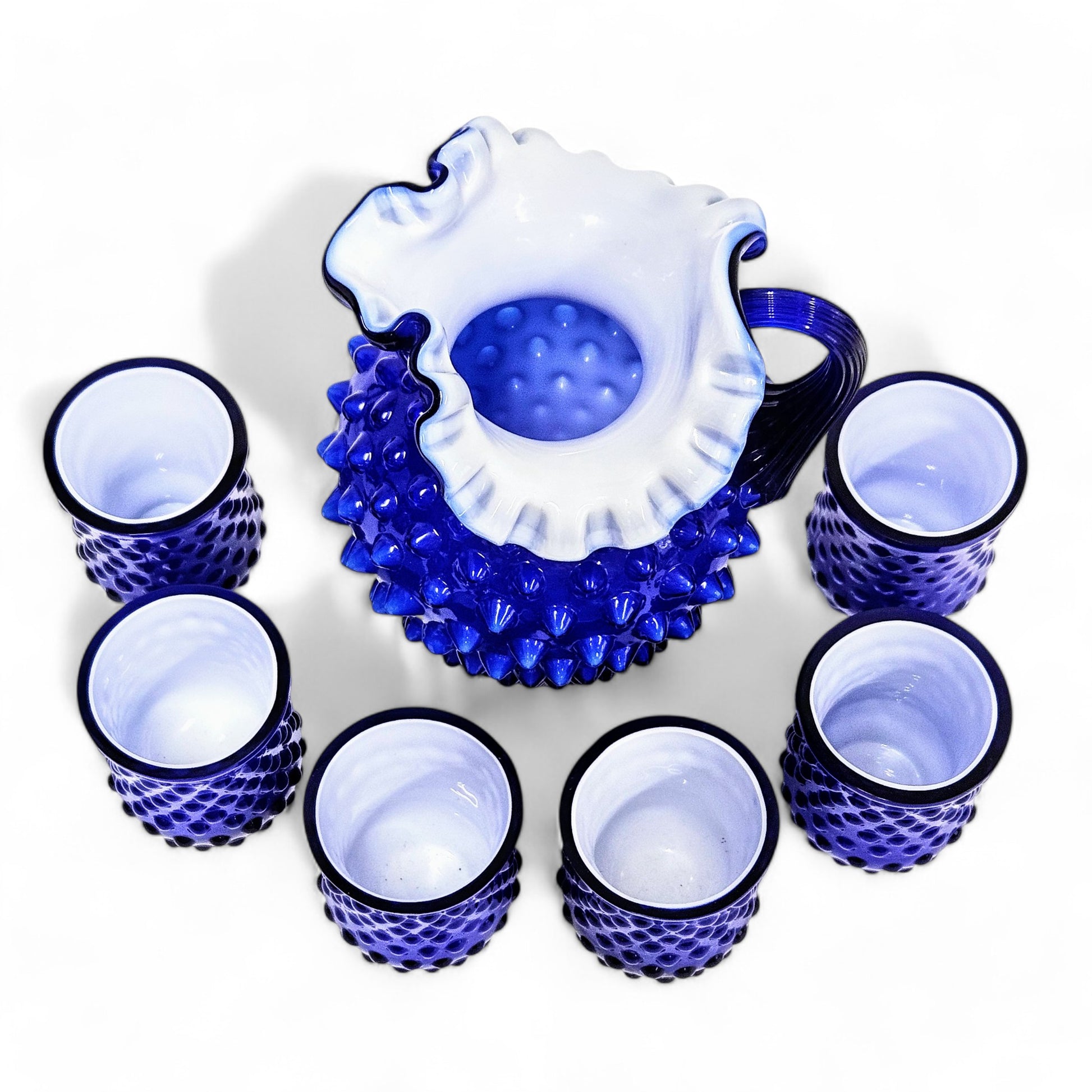 Fenton Cobalt Blue Hobnail Pitcher & 6 Cups Limited Edition Doris Lechler Series