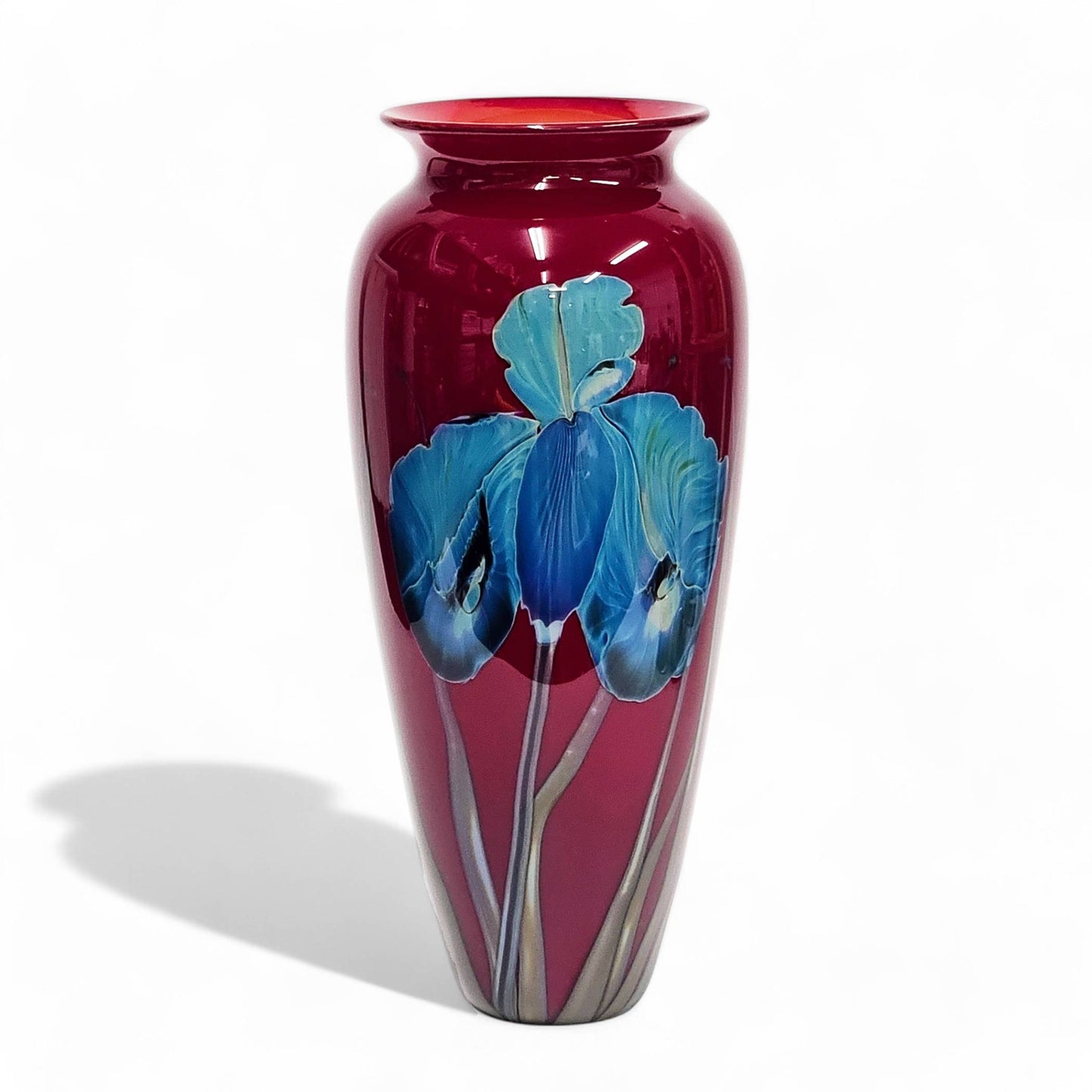 Richard Satava Blown Glass Vase Blue Iris Deep Red 12 1/4 Inch Tall  Signed 1996