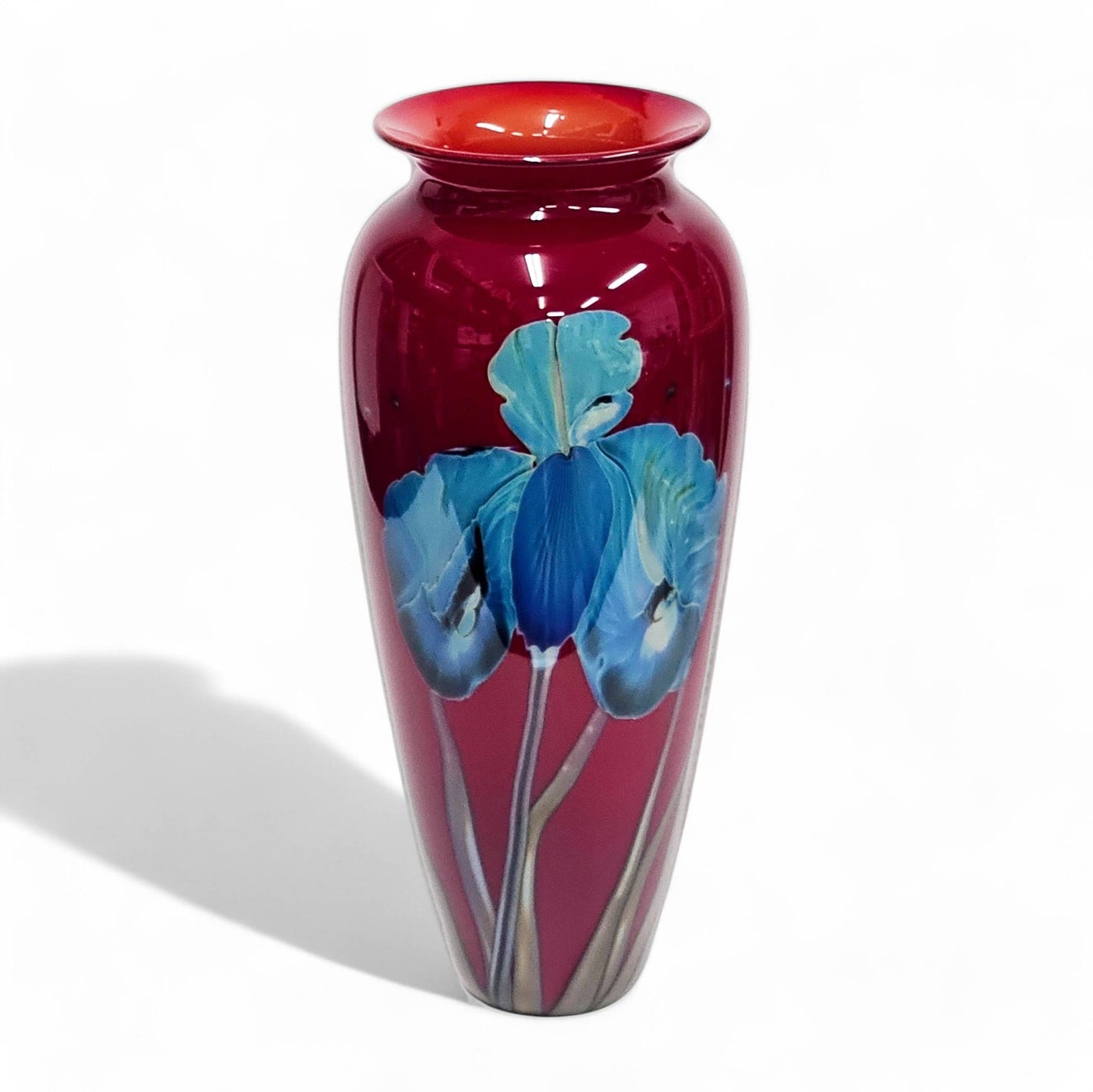 Richard Satava Blown Glass Vase Blue Iris Deep Red 12 1/4 Inch Tall  Signed 1996