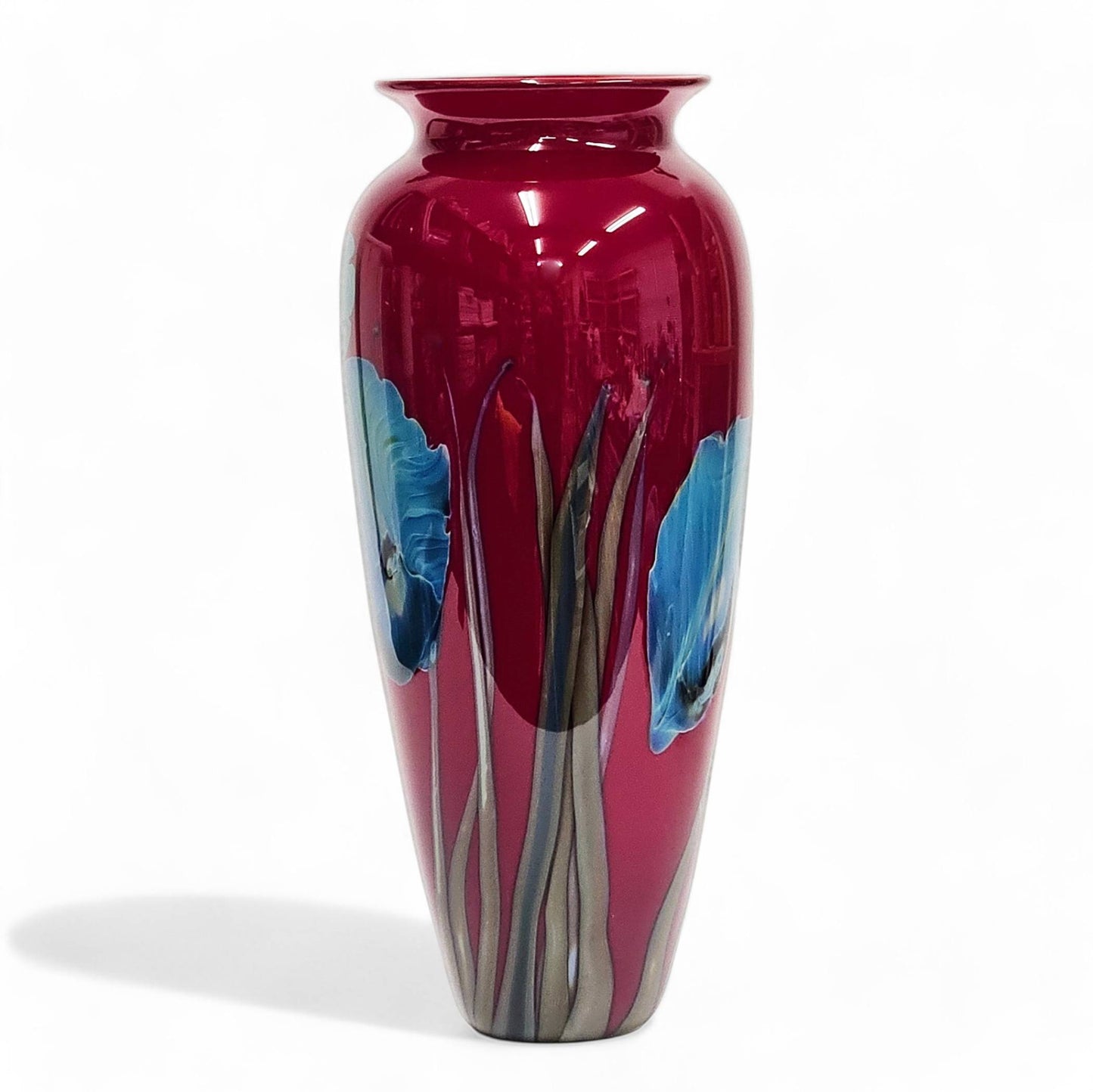 Richard Satava Blown Glass Vase Blue Iris Deep Red 12 1/4 Inch Tall  Signed 1996