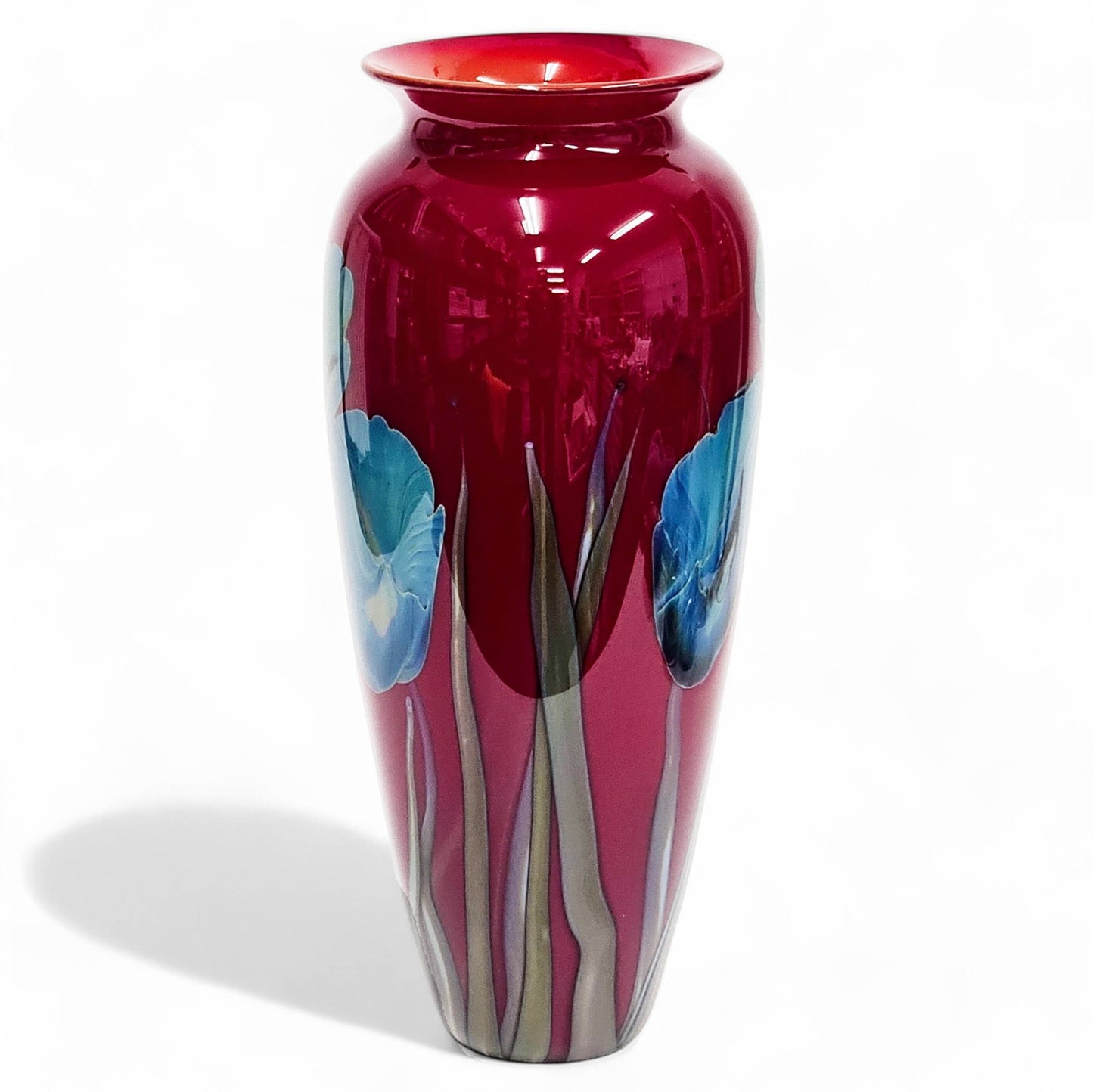 Richard Satava Blown Glass Vase Blue Iris Deep Red 12 1/4 Inch Tall  Signed 1996