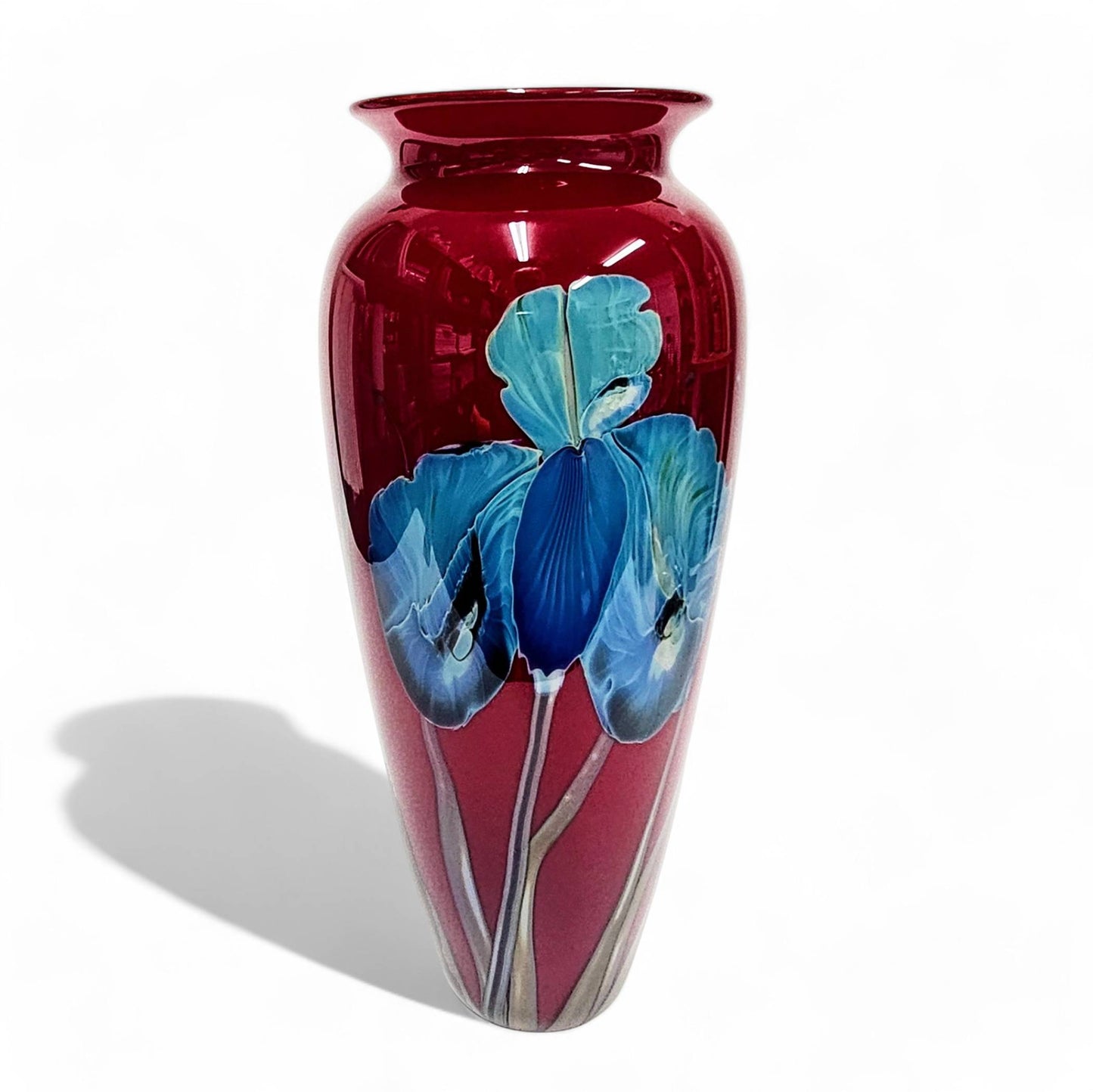 Richard Satava Blown Glass Vase Blue Iris Deep Red 12 1/4 Inch Tall  Signed 1996