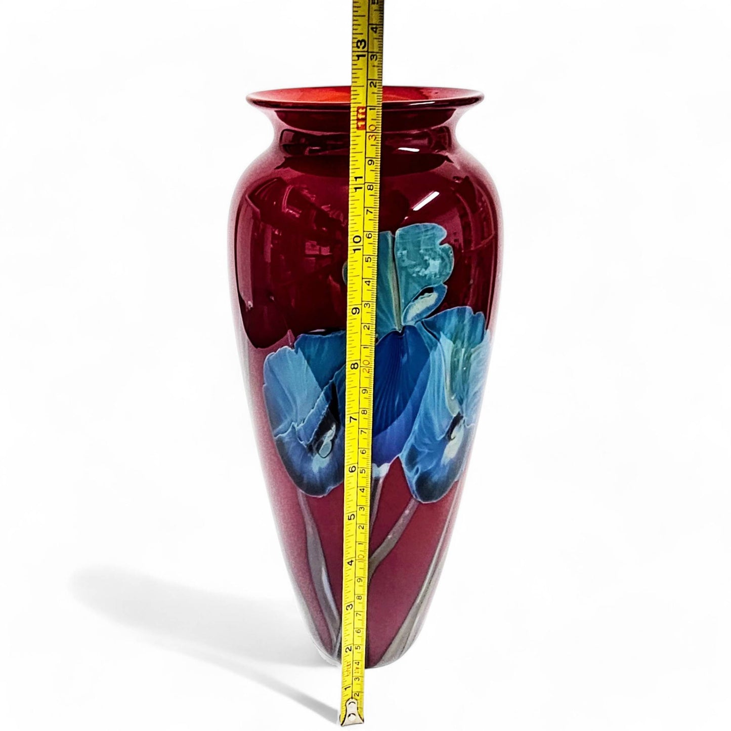 Richard Satava Blown Glass Vase Blue Iris Deep Red 12 1/4 Inch Tall  Signed 1996