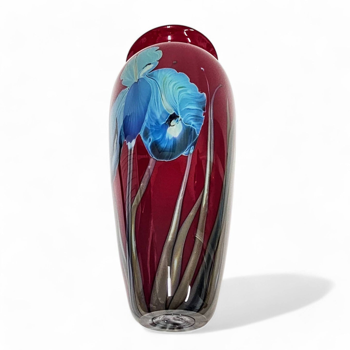 Richard Satava Blown Glass Vase Blue Iris Deep Red 12 1/4 Inch Tall  Signed 1996