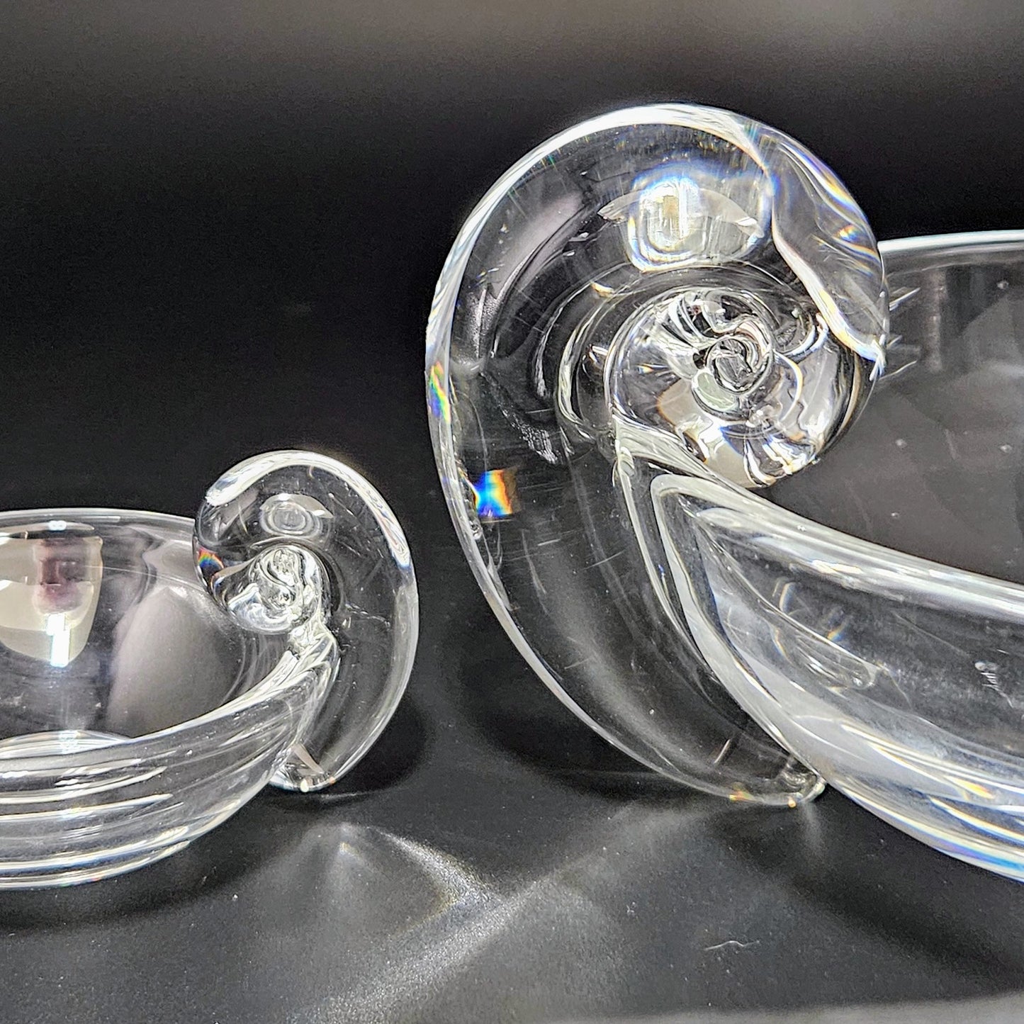 2 Steuben Crystal Snail Olive Bowls, 5" and 2.25" Both Signed