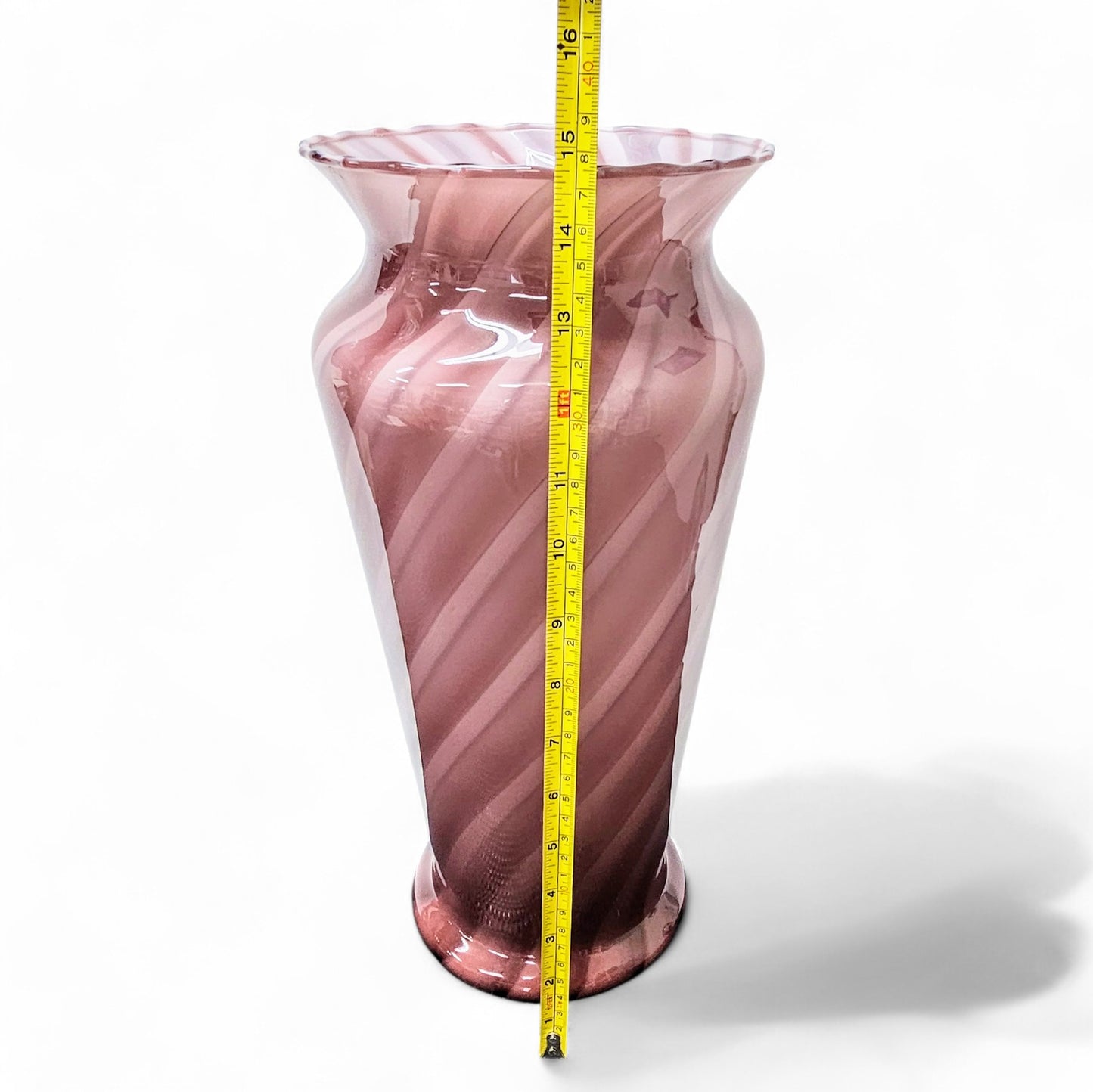 14.75” Hand Blown Glass Art Vase in Burgundy & Pink | Encased Studio Glass Vase