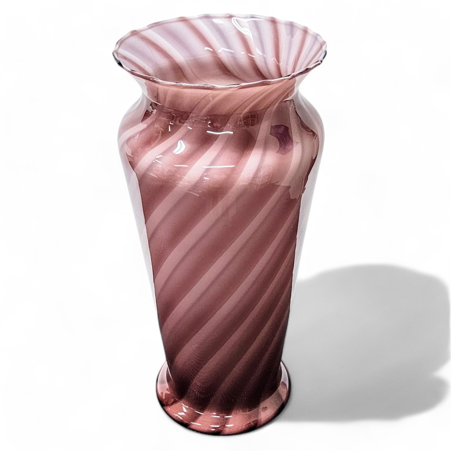 14.75” Hand Blown Glass Art Vase in Burgundy & Pink | Encased Studio Glass Vase