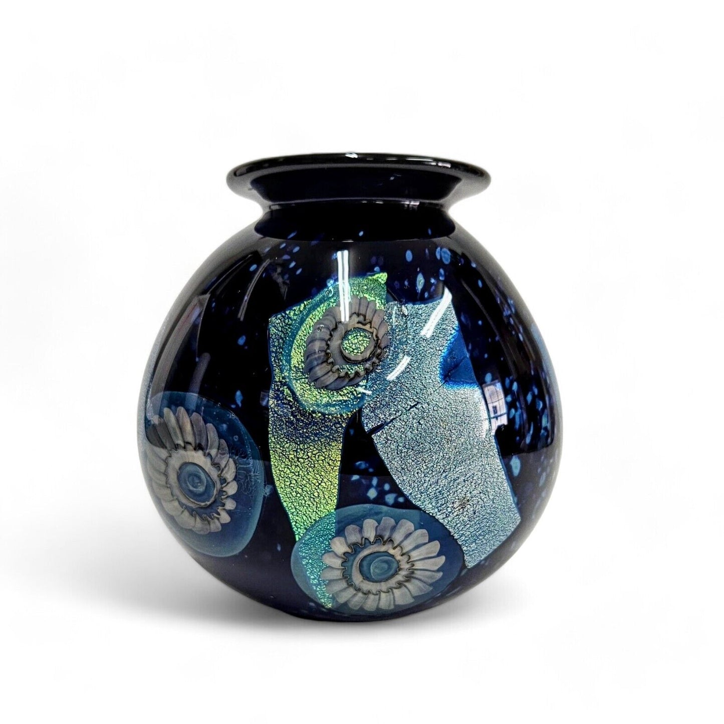 Robert Eickholt Glass Art Vase Signed Dated 2002 | Blue Dichroic Glass on Black