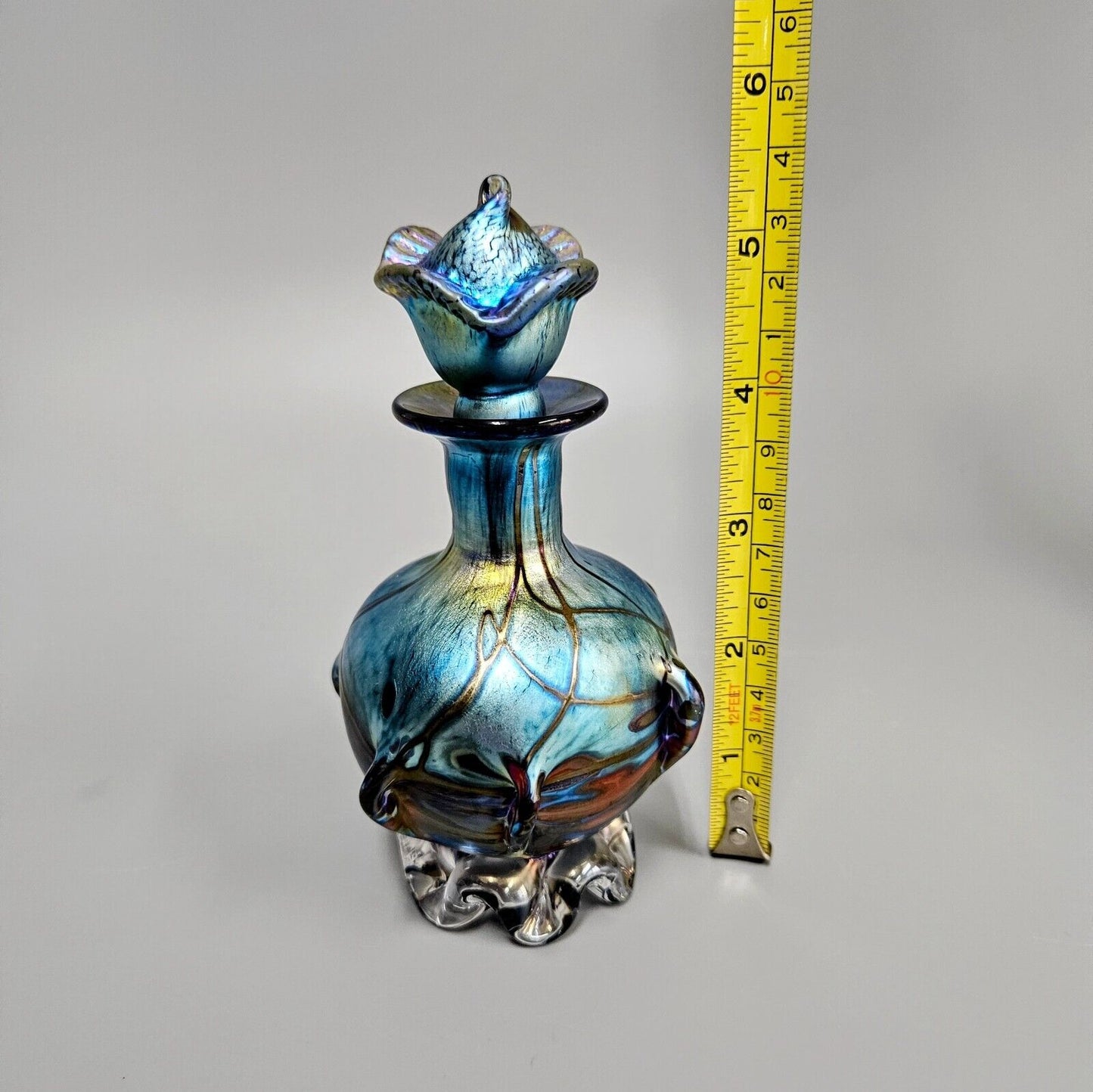 Saul Alcaraz Blue Luster Iridescent Art Glass Perfume Bottle - Signed